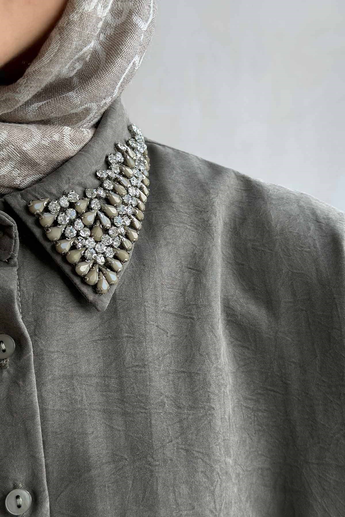 Yaka Taş İşlemeli Oversize Gömlek - Haki