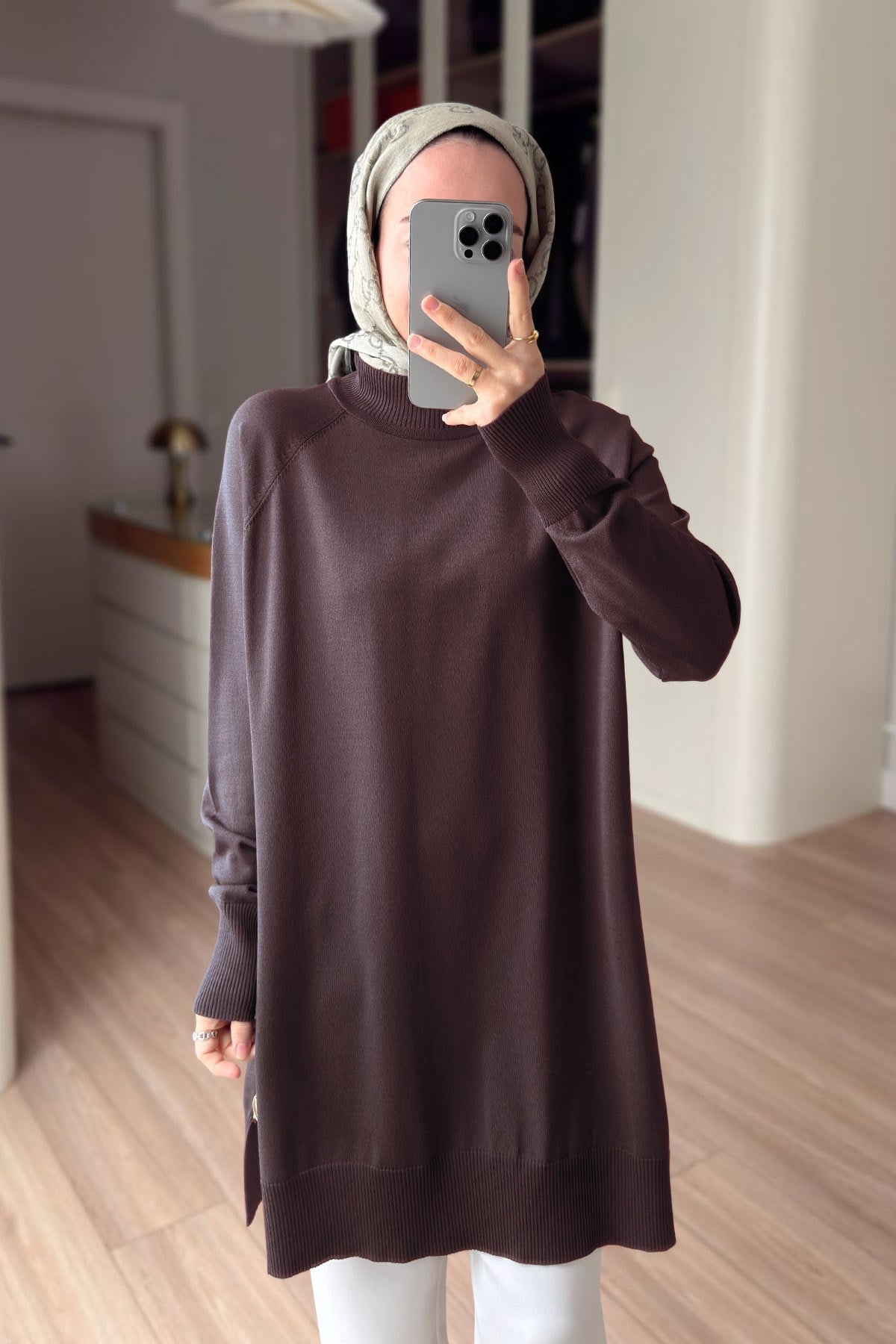 Yan Fermuar Basic Merserize Tunik - Kahverengi