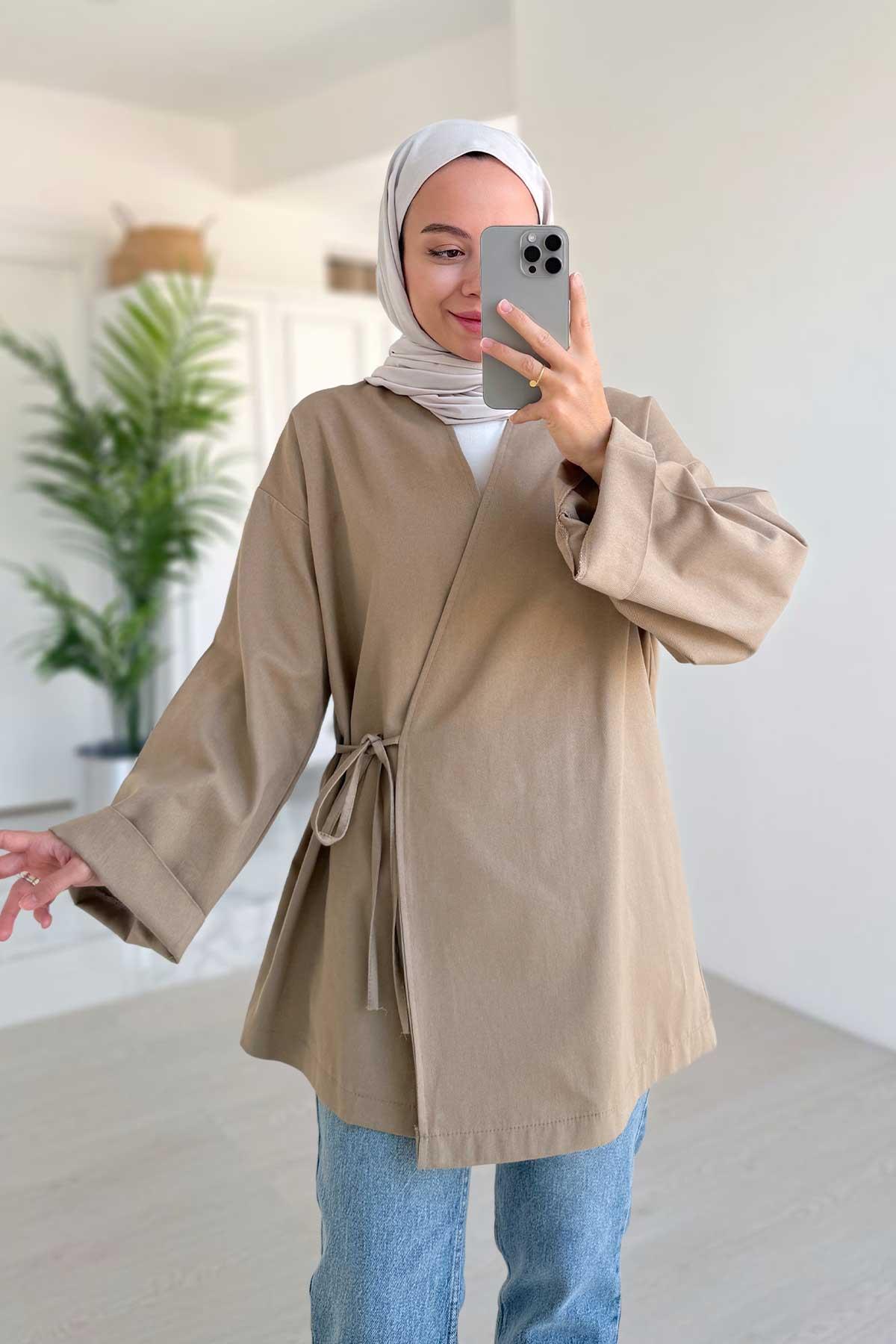 Yandan Bağlamalı Gabardin Kimono - Vizon