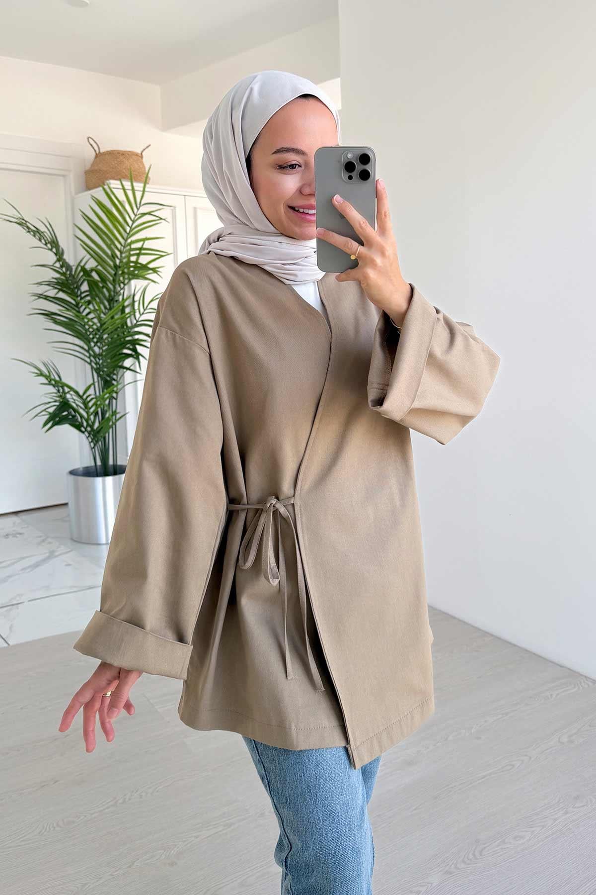 Yandan Bağlamalı Gabardin Kimono - Vizon
