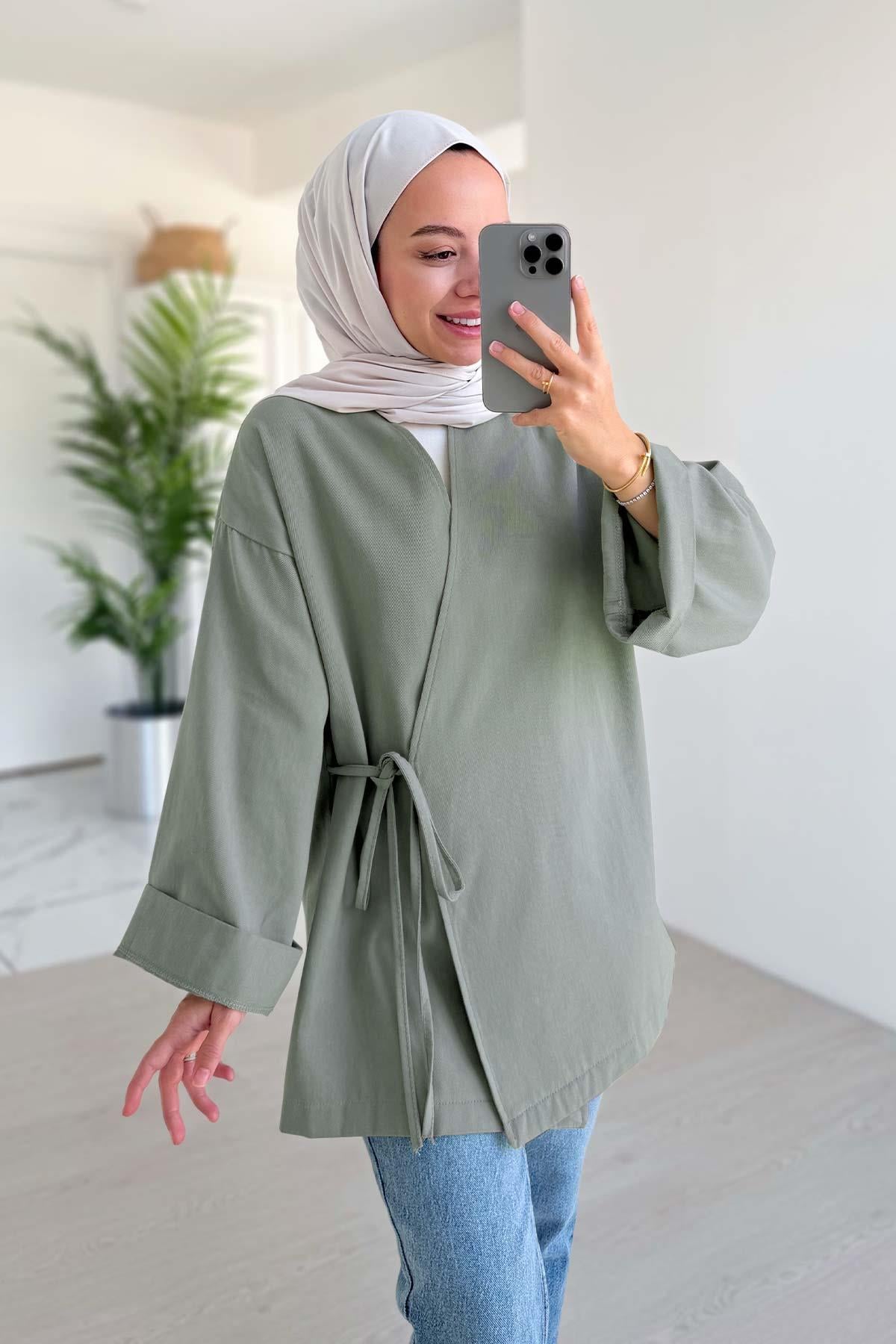 Yandan Bağlamalı Keten Kimono - Mint Yeşil