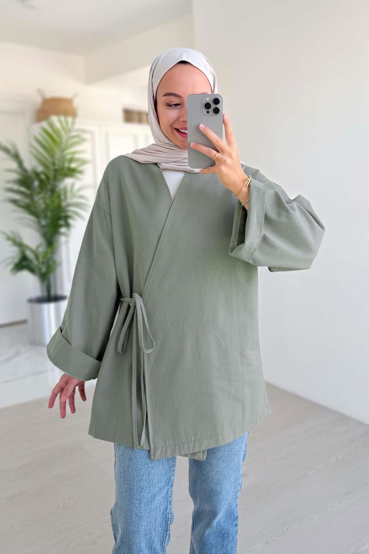Yandan Bağlamalı Keten Kimono - Mint Yeşil