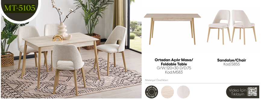 EVİSSA MT-5105 75*120 ORTADAN AÇILAN MASA TAKIMIMutfak Masa Takımı