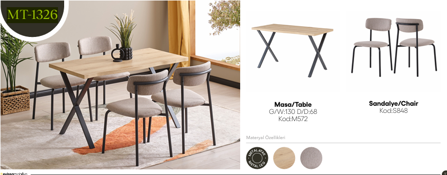 EVİSSA MT-1326 68*130 SABİT KÜTÜK MASA TAKIMIMutfak Masa Takımı
