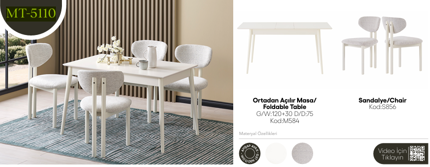 EVİSSA MT-5110 75*120 ORTADAN AÇILAN MASA TAKIMI(MODERN AYAK)Mutfak Masa Takımı