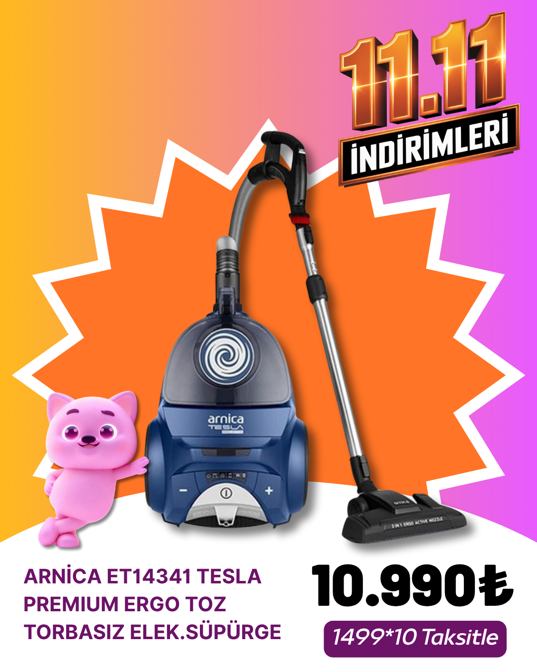 Arnica ET14341 Tesla Premium Ergo Toz Torbasız Elektrikli Süpürge - LacivertSüpürgeler