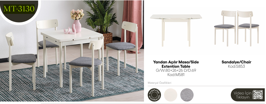 EVİSSA MT-3130 69*80 YANDAN AÇILAN MASA TAKIMIMutfak Masa Takımı