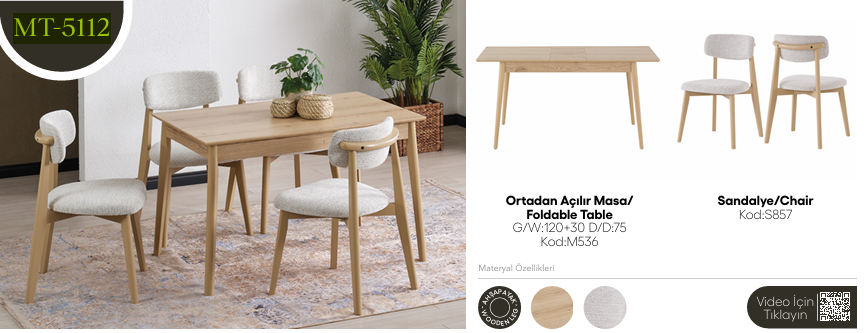 EVİSSA MT-5112 75*120 ORTADAN AÇILAN MASA TAKIMI(MODERN AYAK)Mutfak Masa Takımı