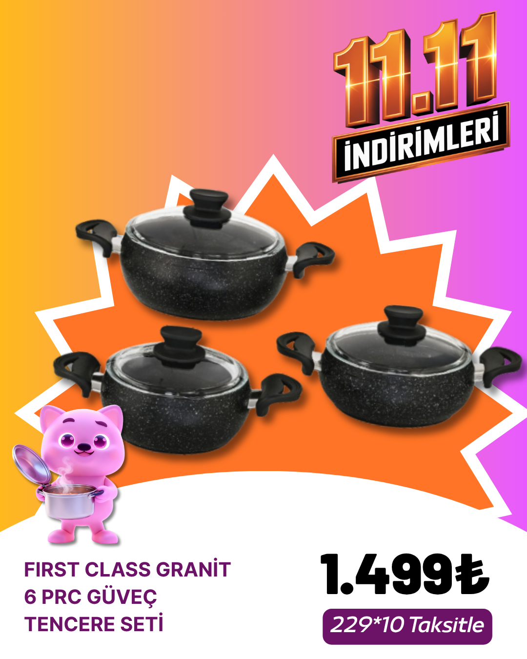 FIRST CLASS GRANİT 6 PRC GÜVEÇ TENCERE SETİ SİYAH(18-20-22)KASIM ZÜCCACİYE&KÜÇÜK EV ALETLERİ KAMPANYASI