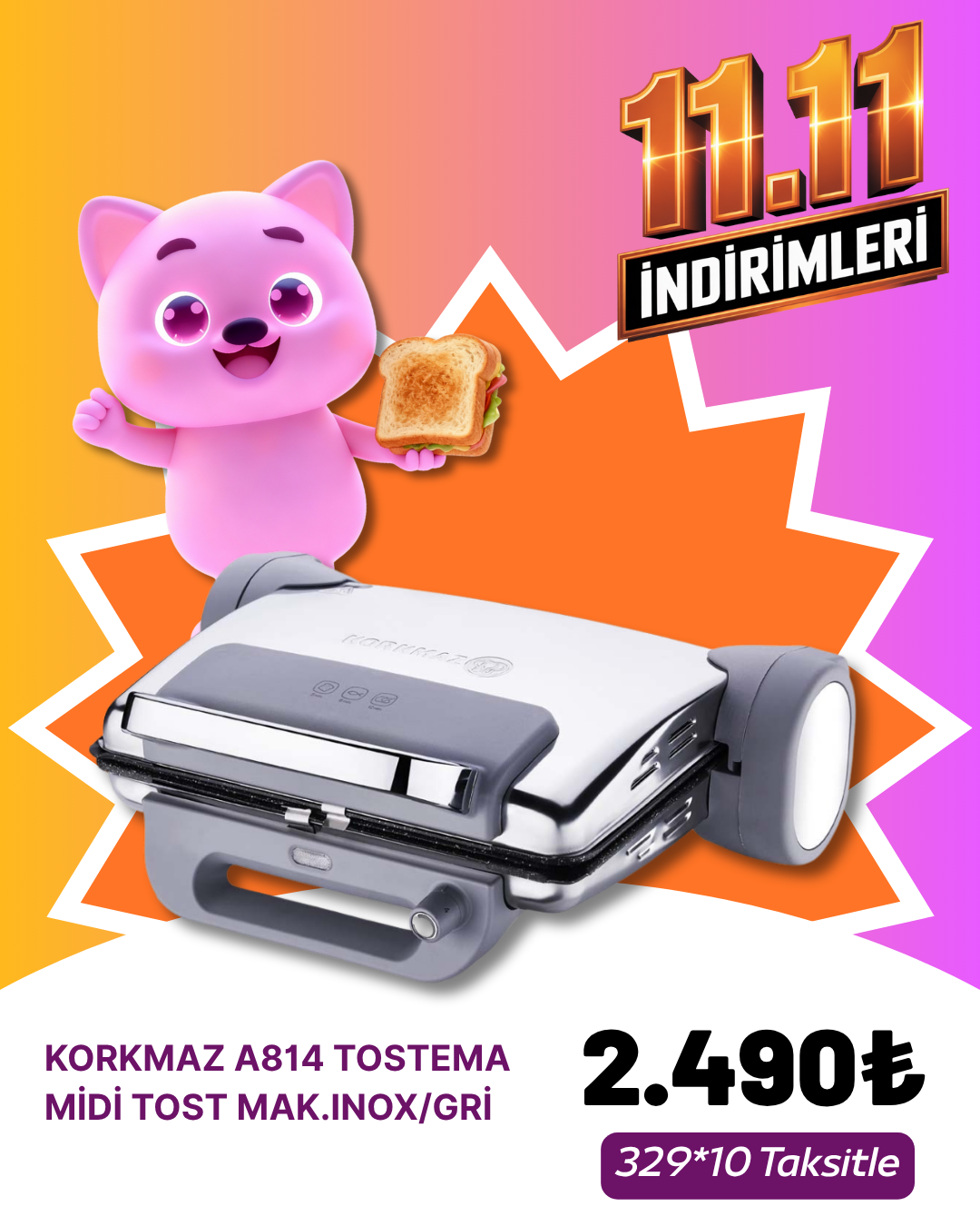 KORKMAZ A814 TOSTEMA MİDİ TOST MAK.INOX/GRİKASIM ZÜCCACİYE&KÜÇÜK EV ALETLERİ KAMPANYASI