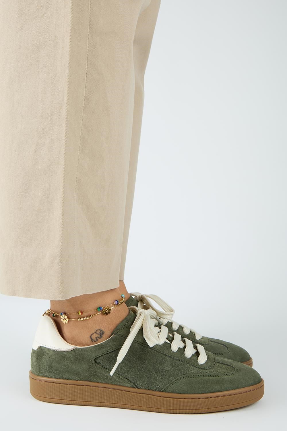 Krahe Barbella 2 Kadın Hakiki Deri Üç Ayrı Alternatif Bağcıklı Haki-Ekru Sneakers