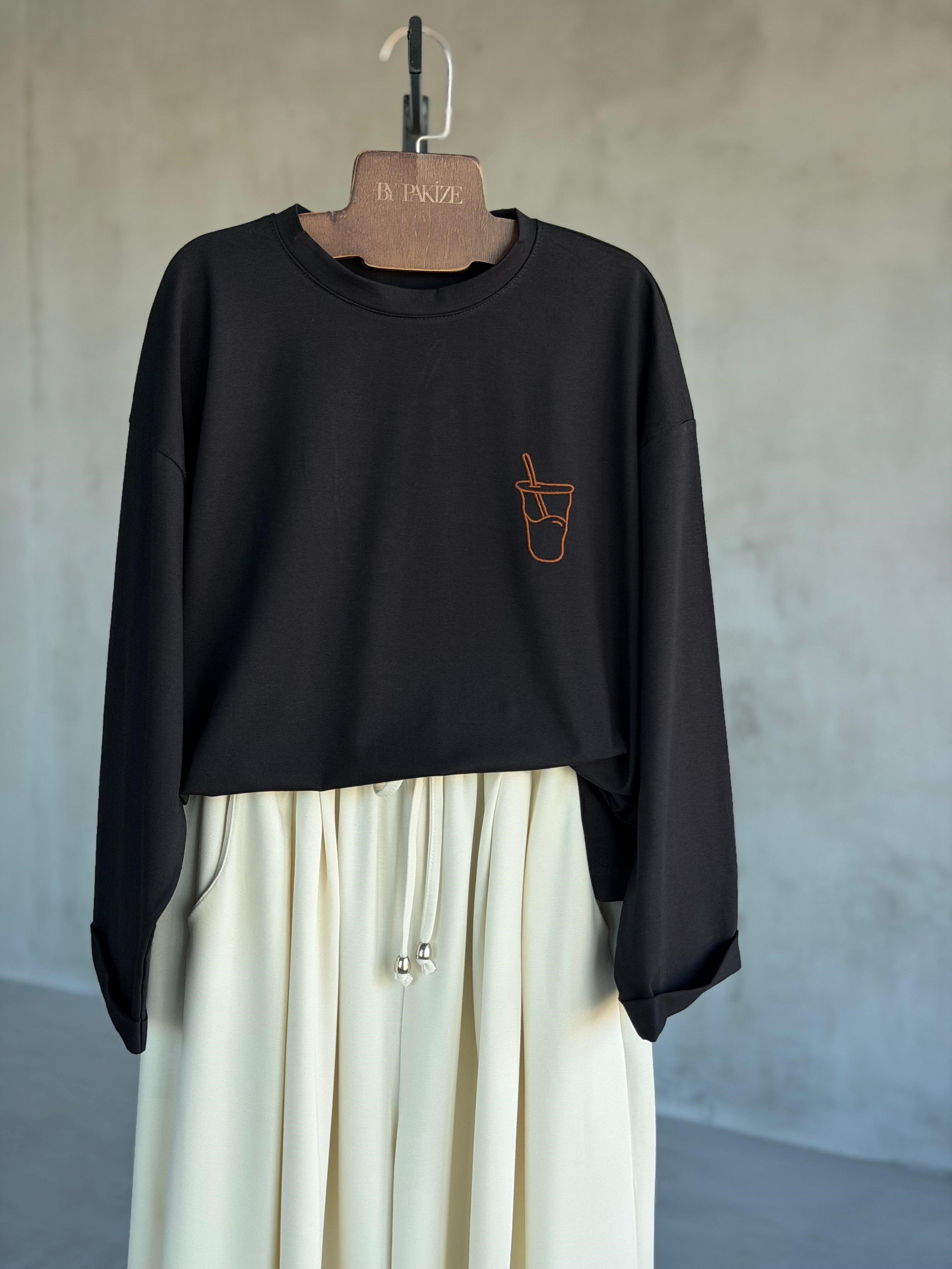  Basic Oversize Ön Arka Nakışlı Coffee Tişört (Siyah)