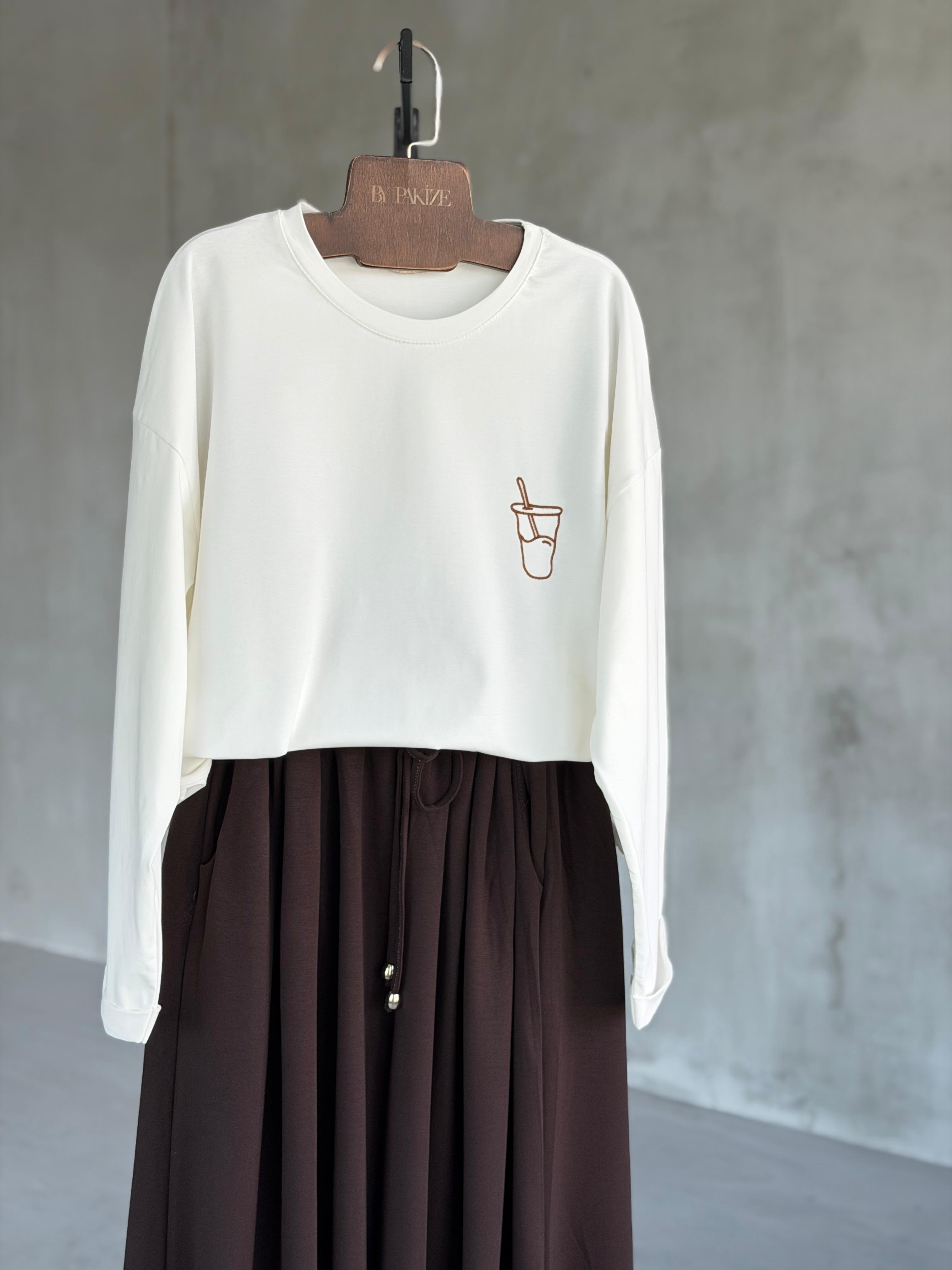  Basic Oversize Ön Arka Nakışlı Coffee Tişört (Beyaz)