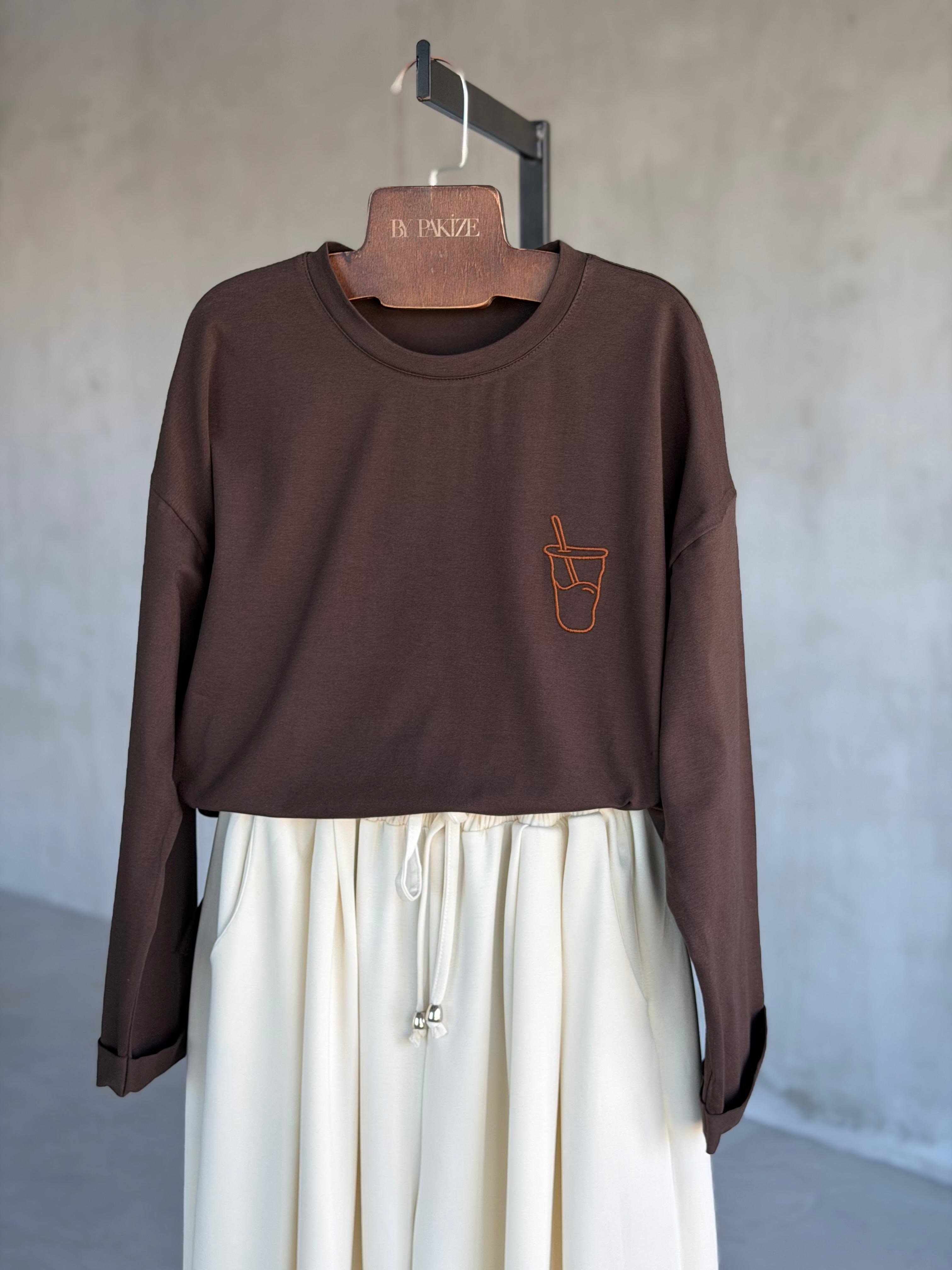  Basic Oversize Ön Arka Nakışlı Coffee Tişört (Kahve)