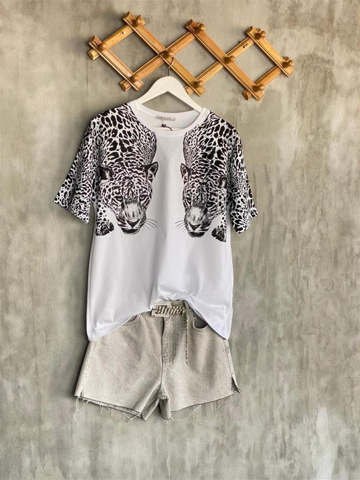 	Kristal Taş İşlemeli Leopar Desen Tişört (Beyaz)