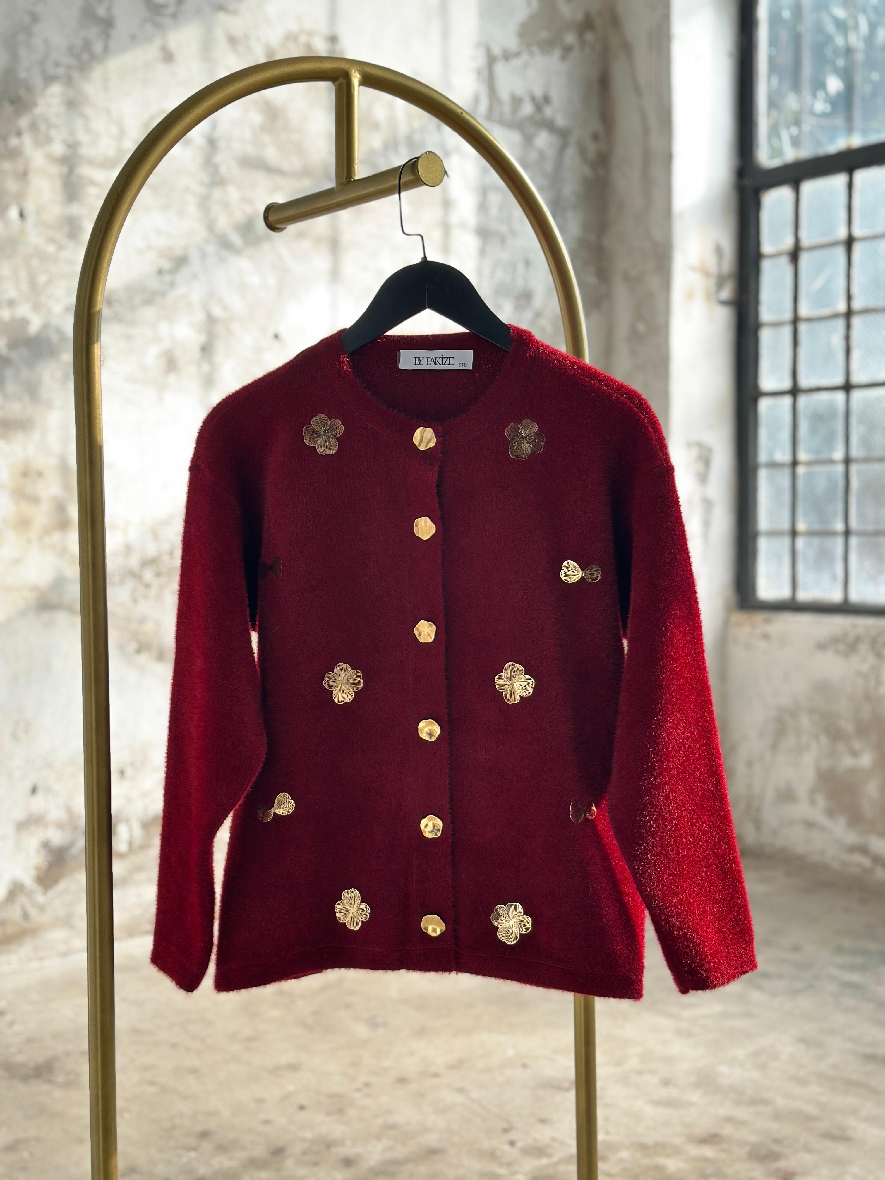 Altın Çiçekli Angora Hırka (Bordo)