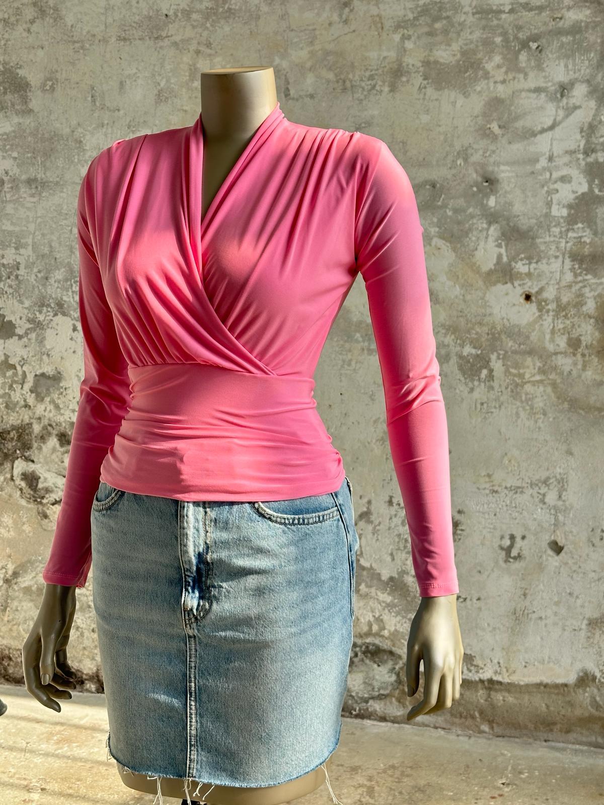 Anvelop Yaka Kadın Bluz (Pembe)