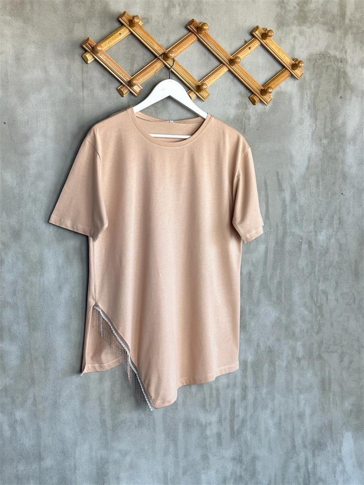 Asimetrik Kesim Zincir Detaylı Oversize Tişört (Bej)