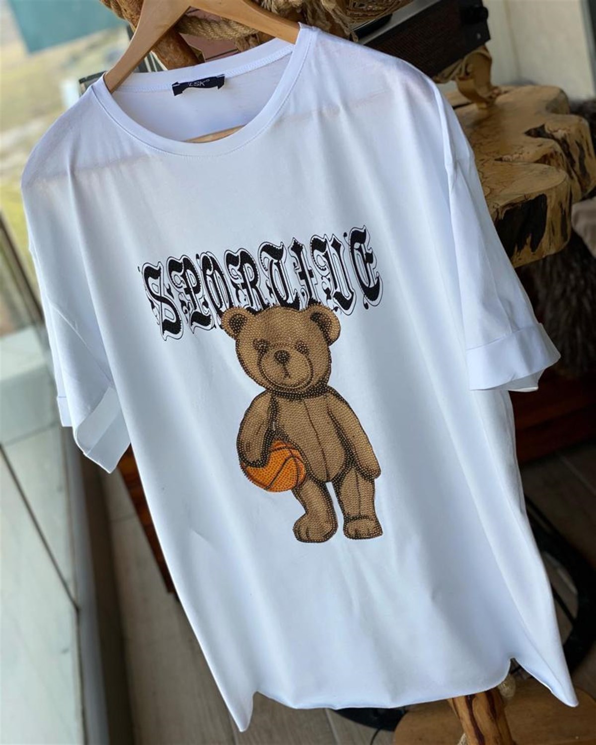 Ayıcık Taş İşçilikli  Yanları Yırtmaçlı Tunik Tshirt (BEYAZ)