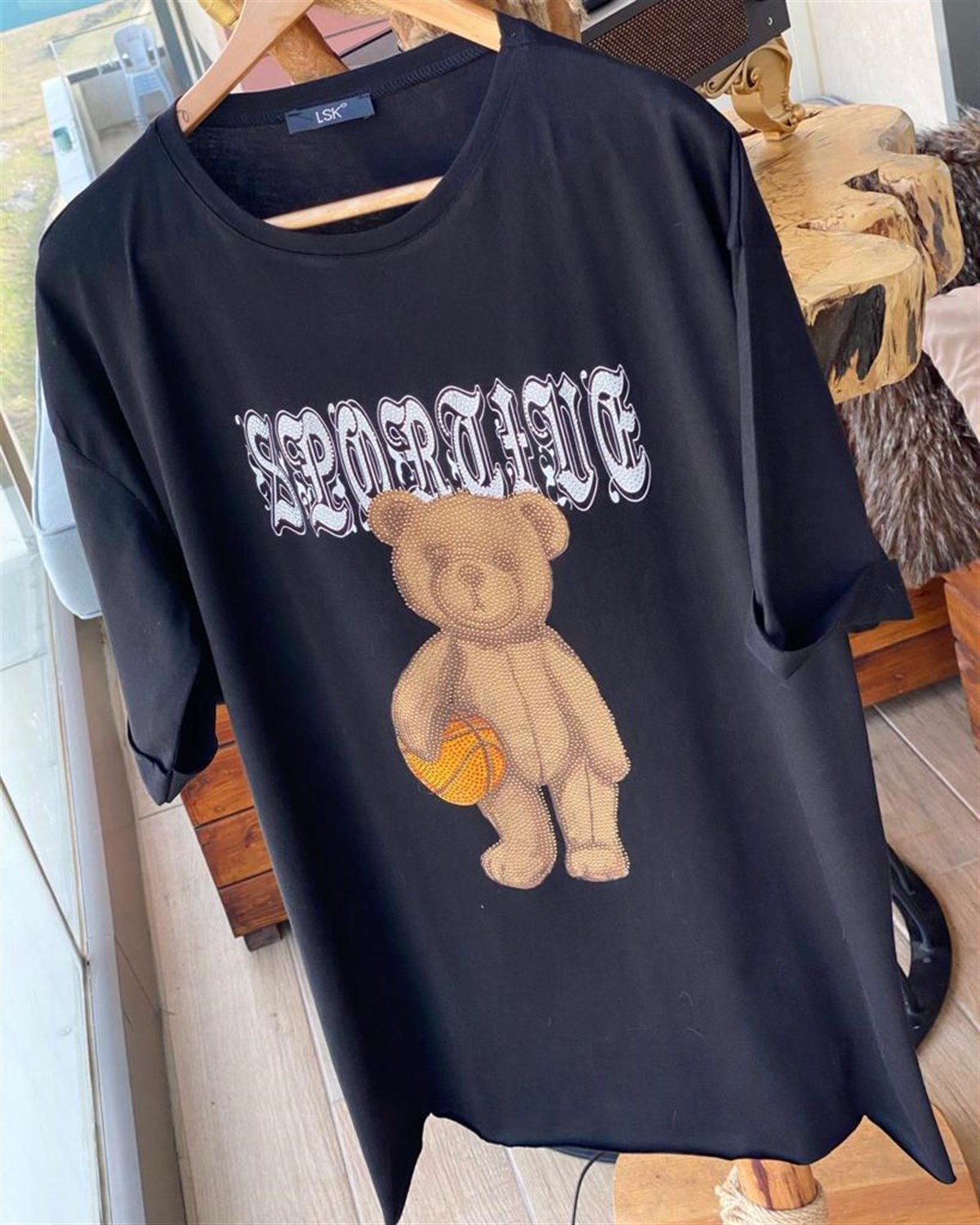 Ayıcık Taş İşçilikli  Yanları Yırtmaçlı Tunik Tshirt (SİYAH)