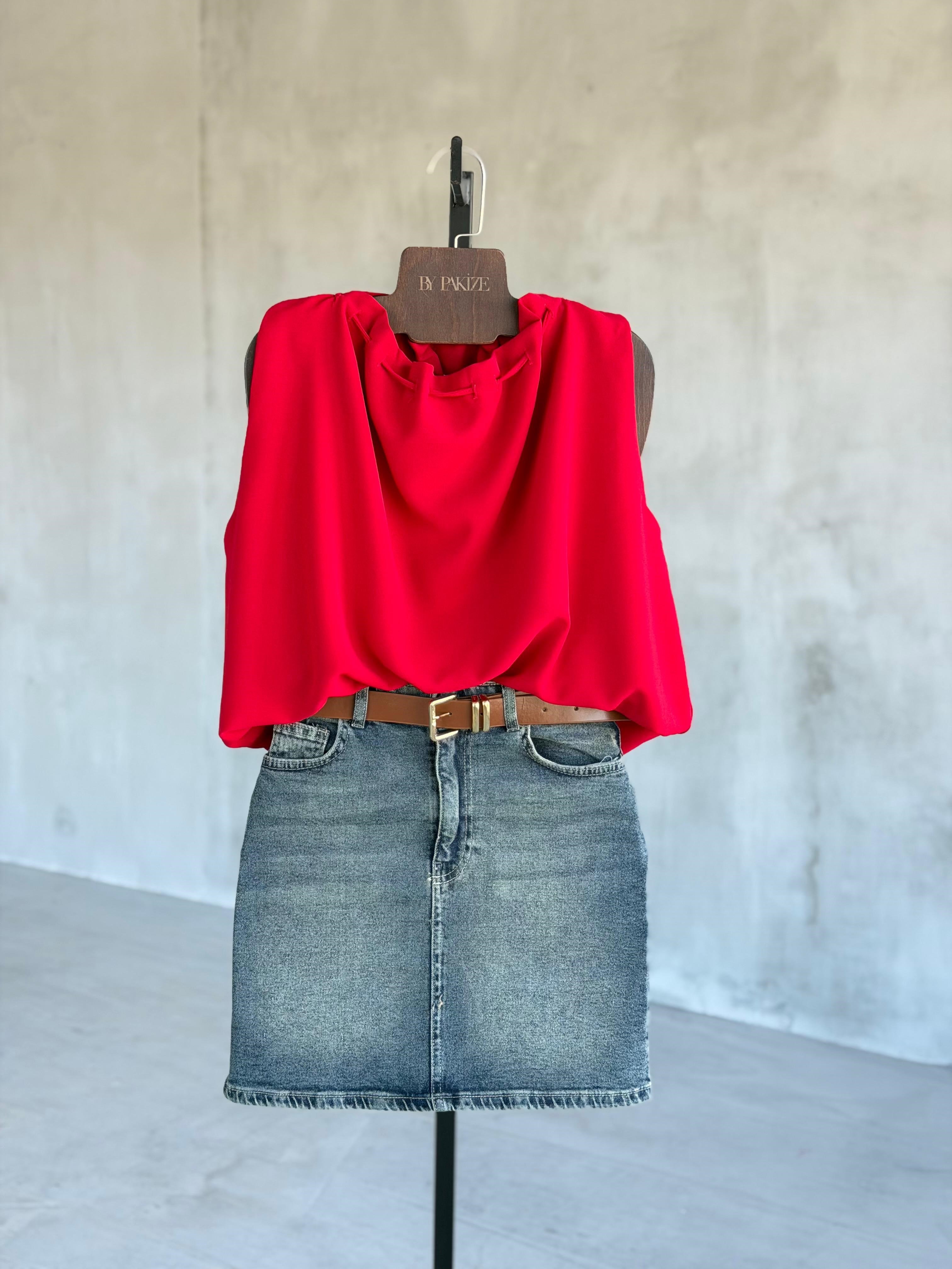 Bağlamalı Drape Yaka Balon Model Krep Bluz (Kırmızı)