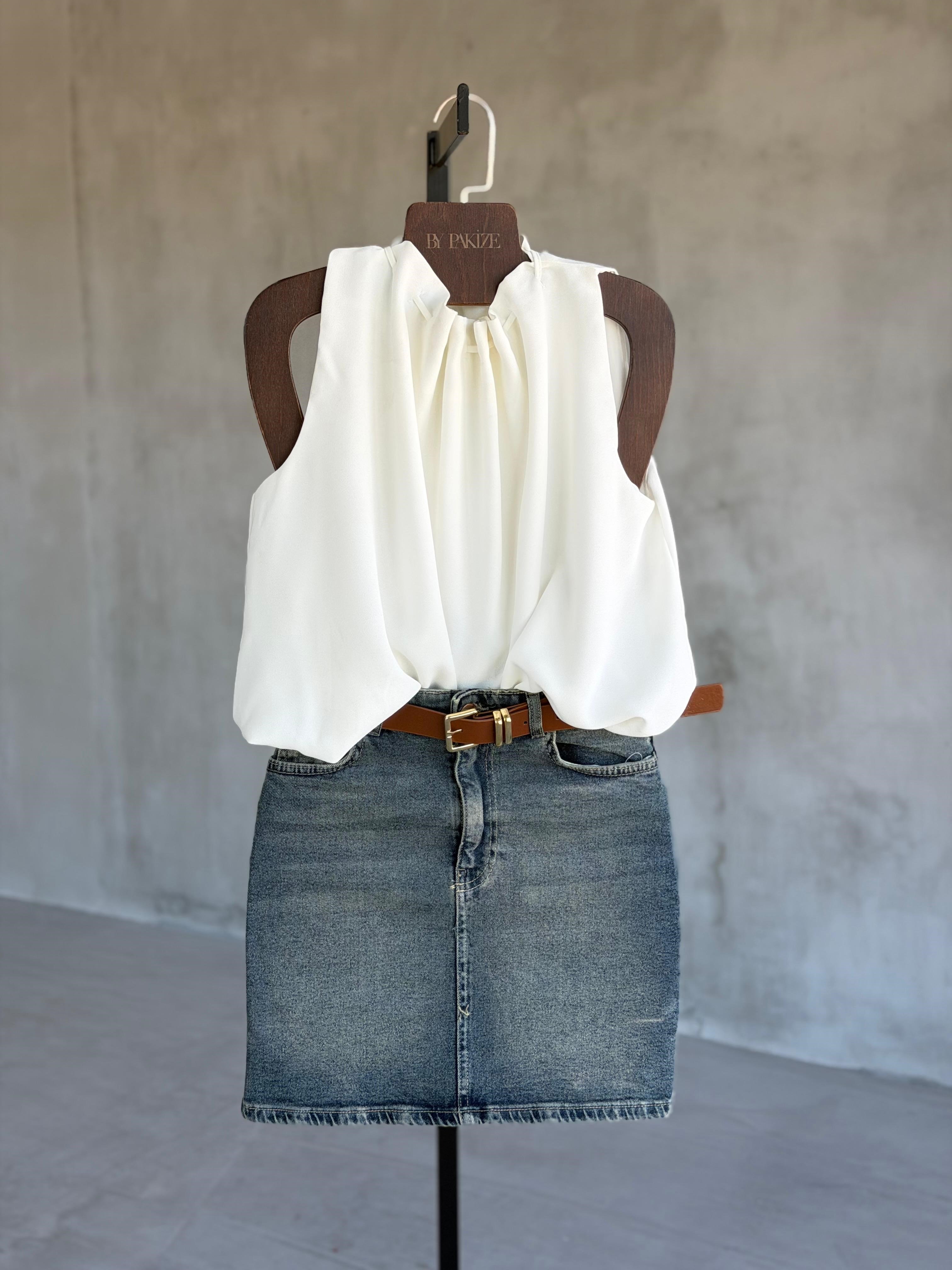 Bağlamalı Drape Yaka Balon Model Krep Bluz (Beyaz)