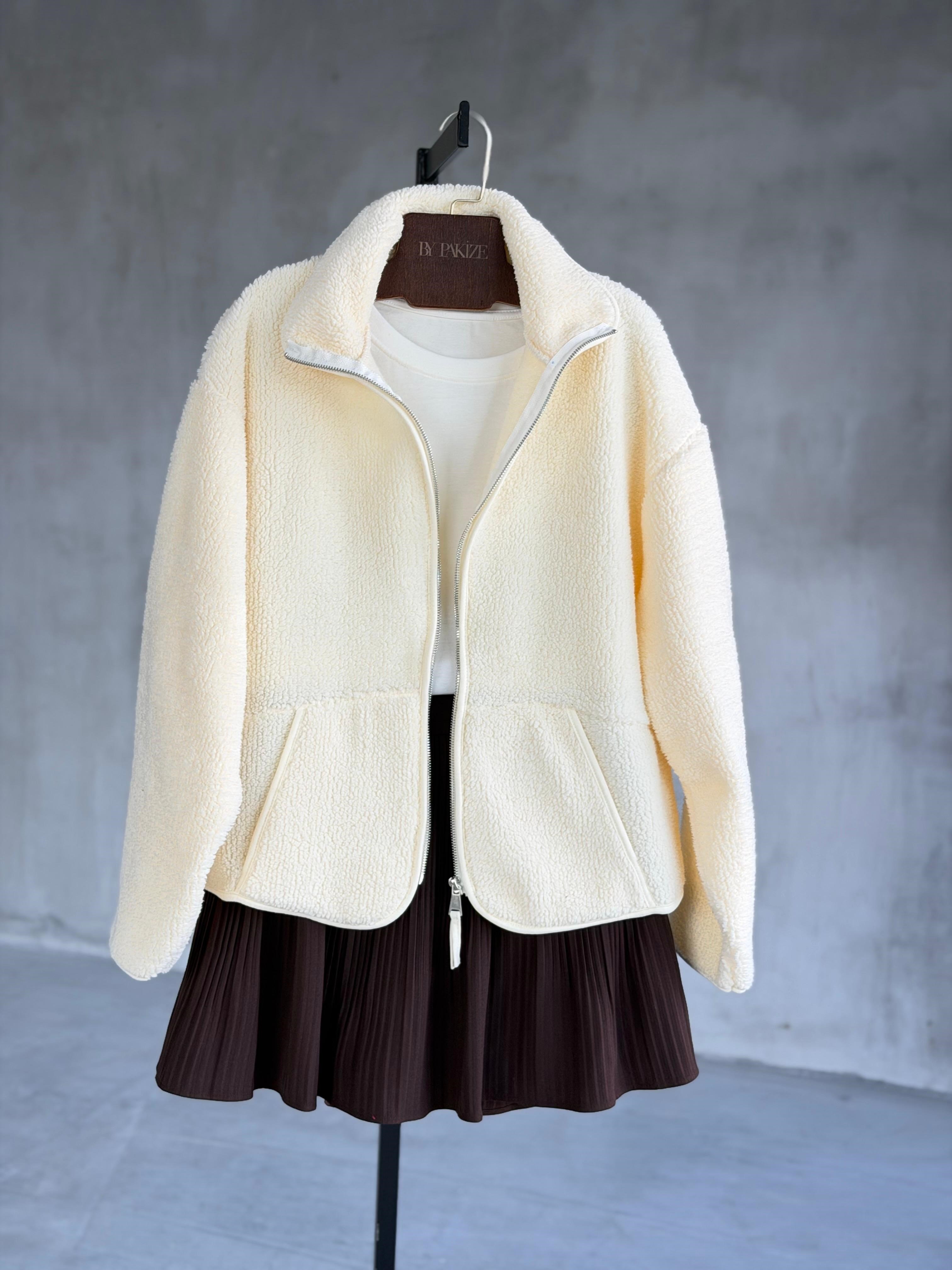 Basic Fermuarlı Peluş Teddy Ceket (Krem)