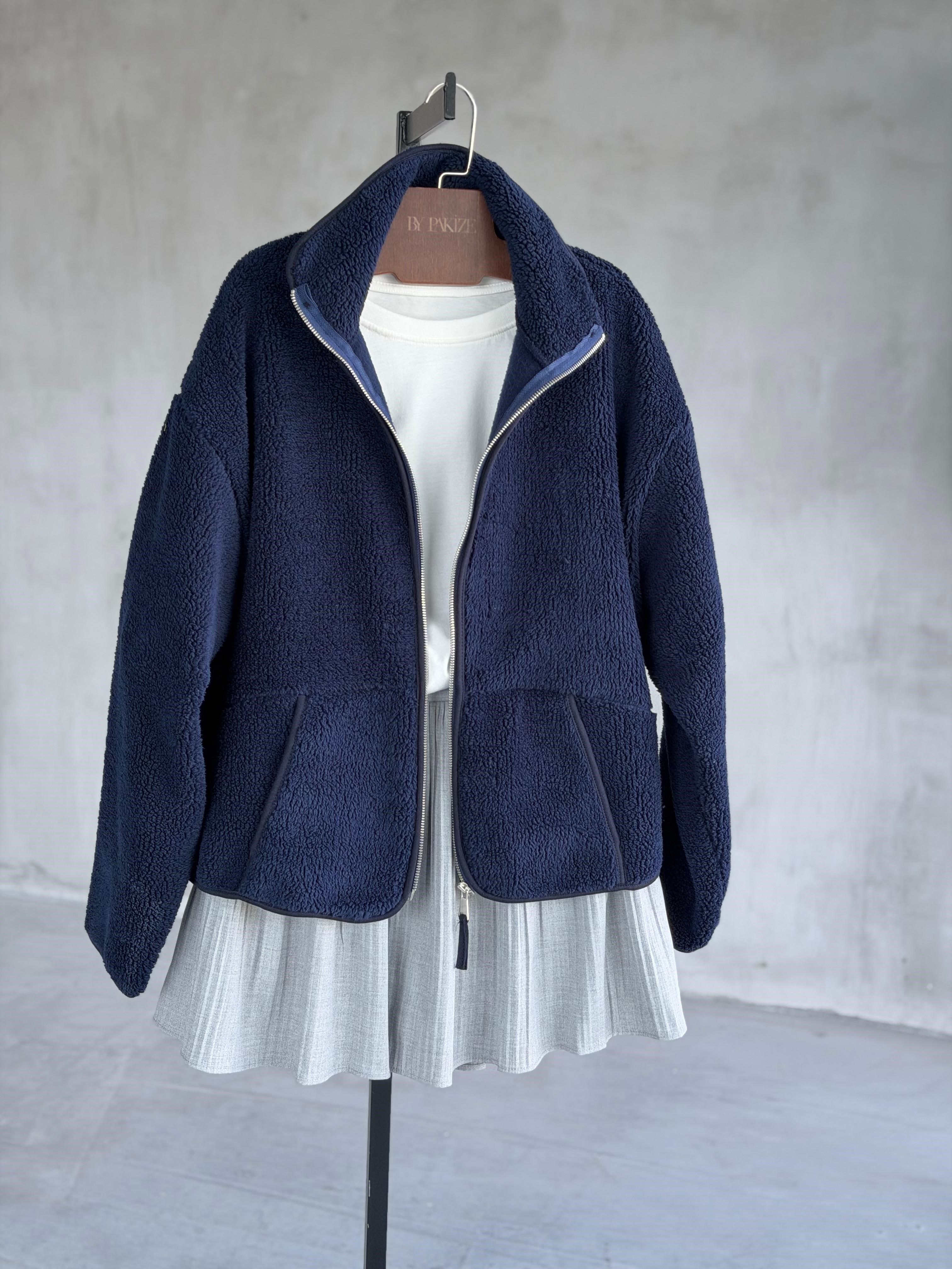 Basic Fermuarlı Peluş Teddy Ceket (Lacivert)