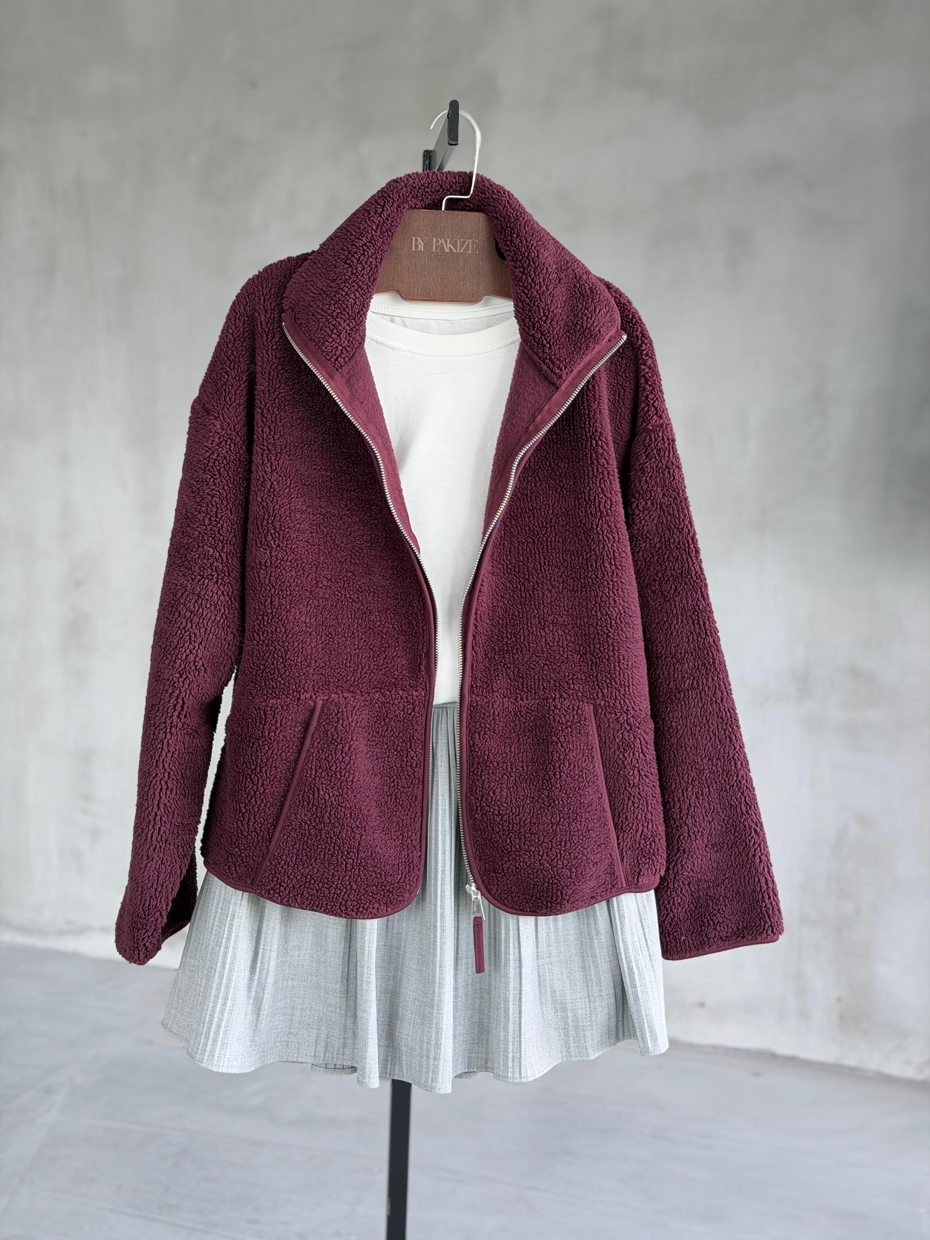 Basic Fermuarlı Peluş Teddy Ceket (Mürdüm)
