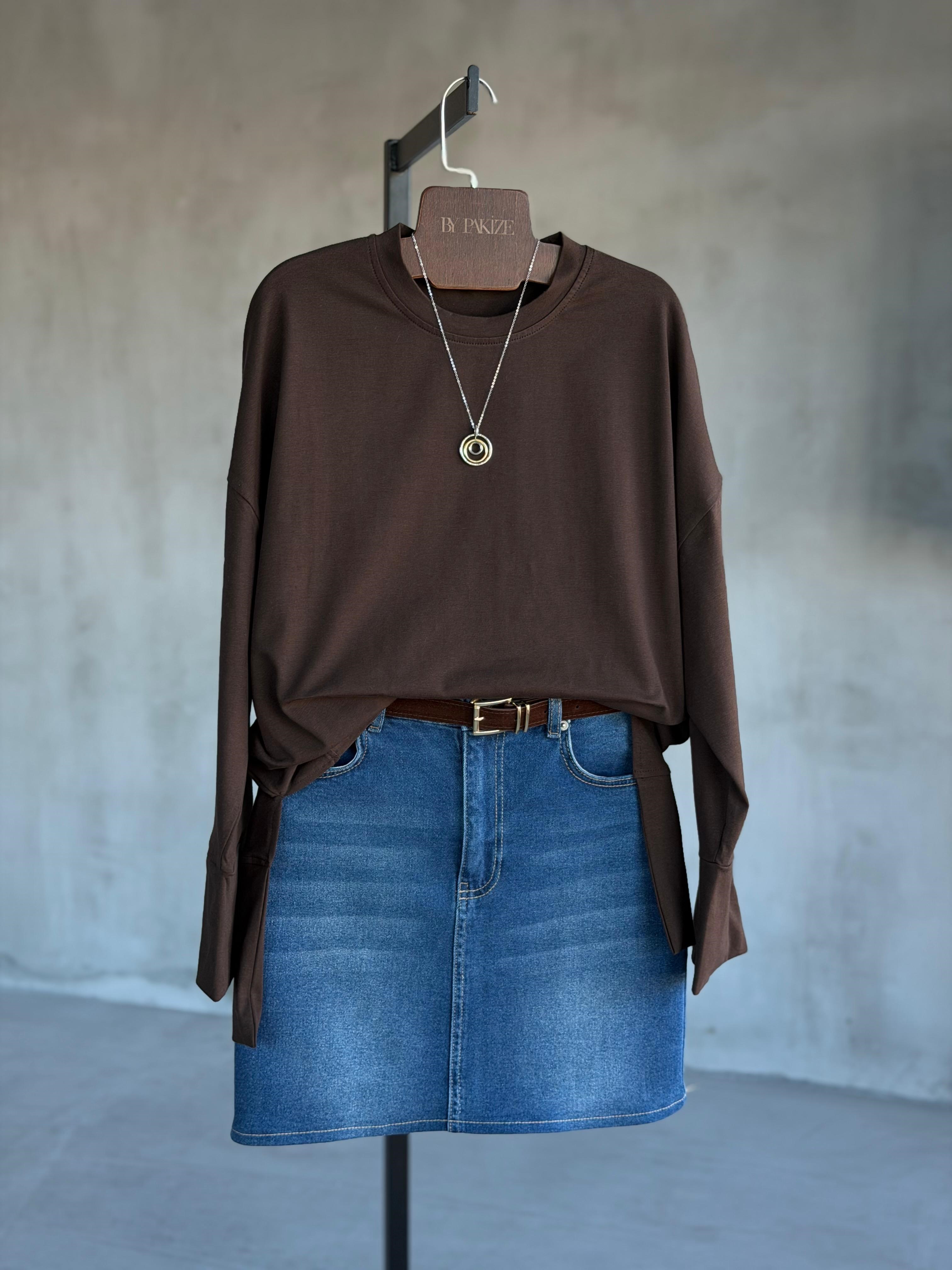 Basic Manşet Kollu Yırtmaç Detaylı Sweat (Kahve)