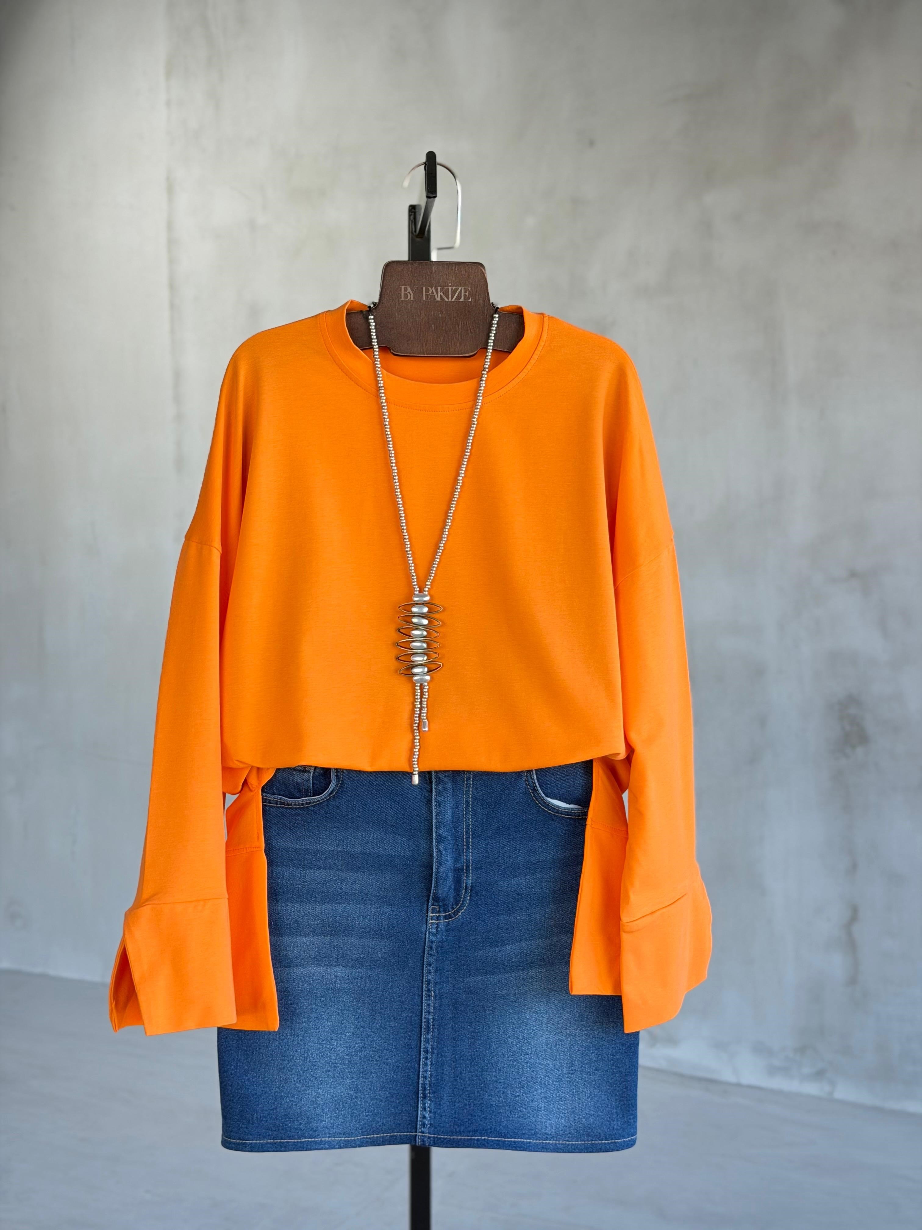 Basic Manşet Kollu Yırtmaç Detaylı Sweat (Oranj)