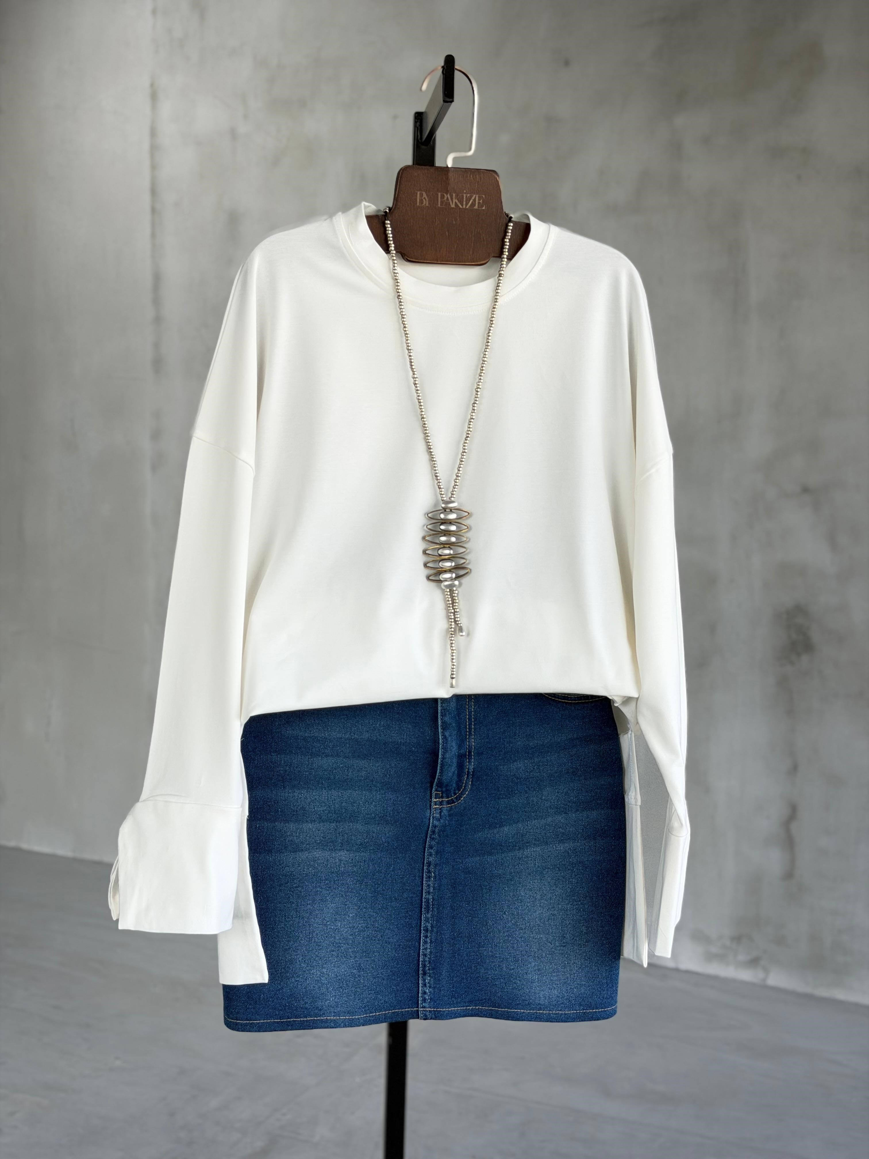 Basic Manşet Kollu Yırtmaç Detaylı Sweat (Beyaz)