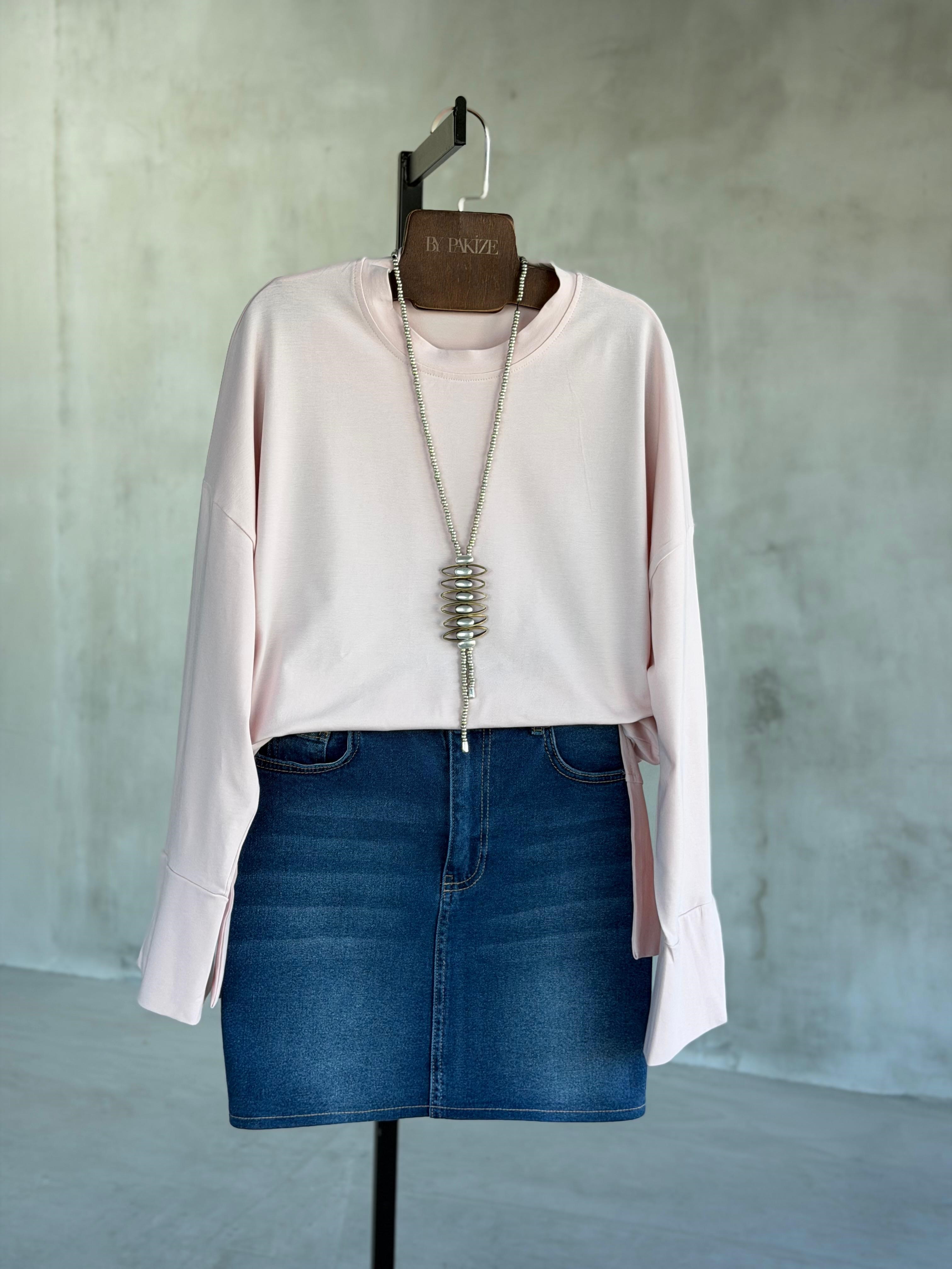 Basic Manşet Kollu Yırtmaç Detaylı Sweat (Pudra)