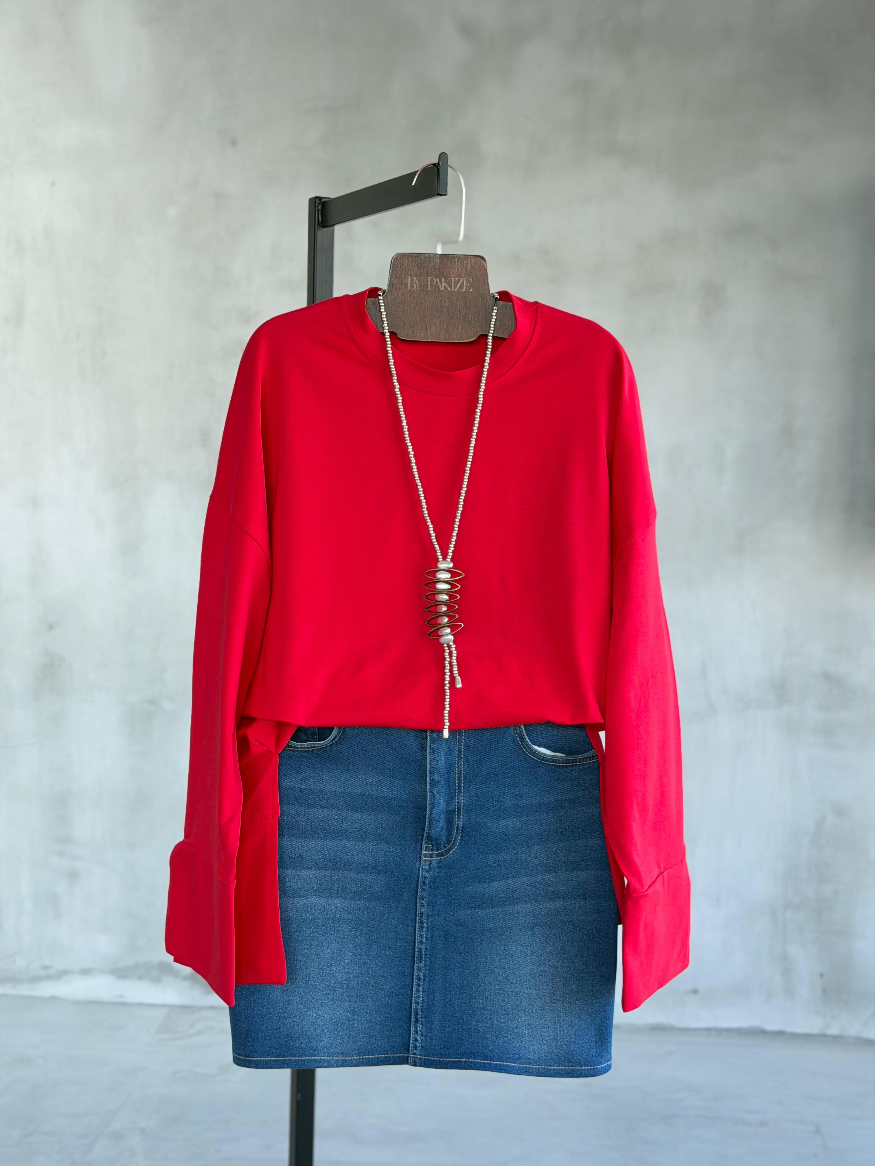 Basic Manşet Kollu Yırtmaç Detaylı Sweat (Kırmızı)