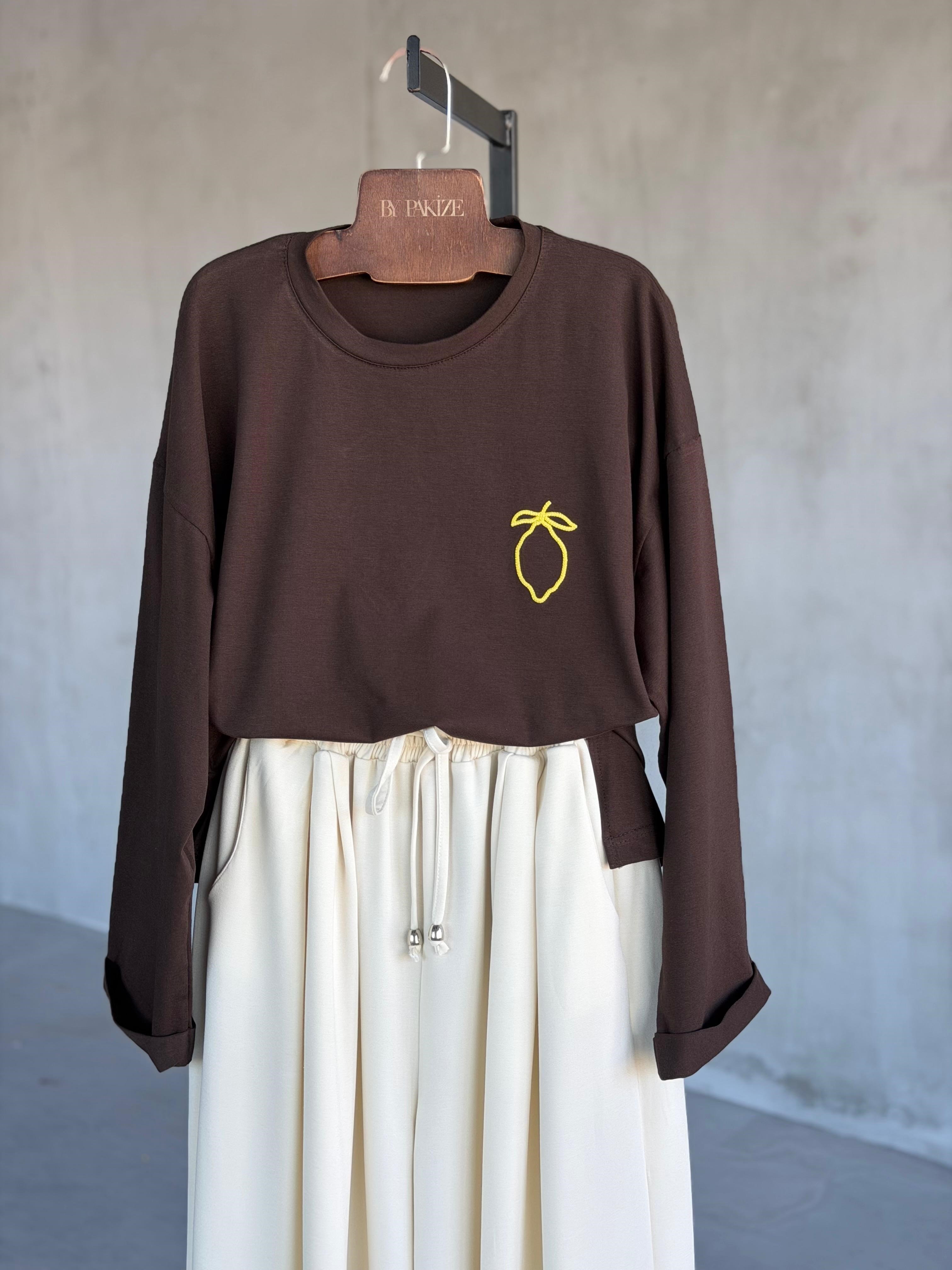 Basic Oversize Ön Arka Nakışlı Limon Tişört (Kahve)