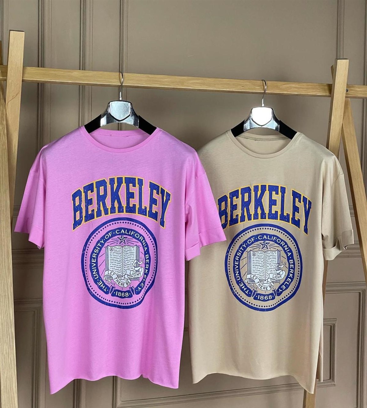 Baskılı Yanları Yırtmaçlı Basic Tunik Tshirt  (PEMBE & BEJ)