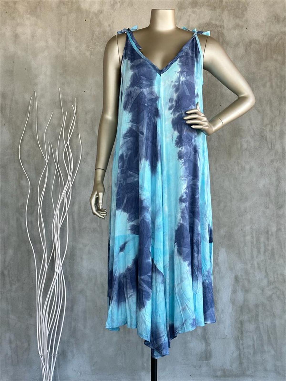 Batik Desen Askılı İthal Elbise (Mavi)