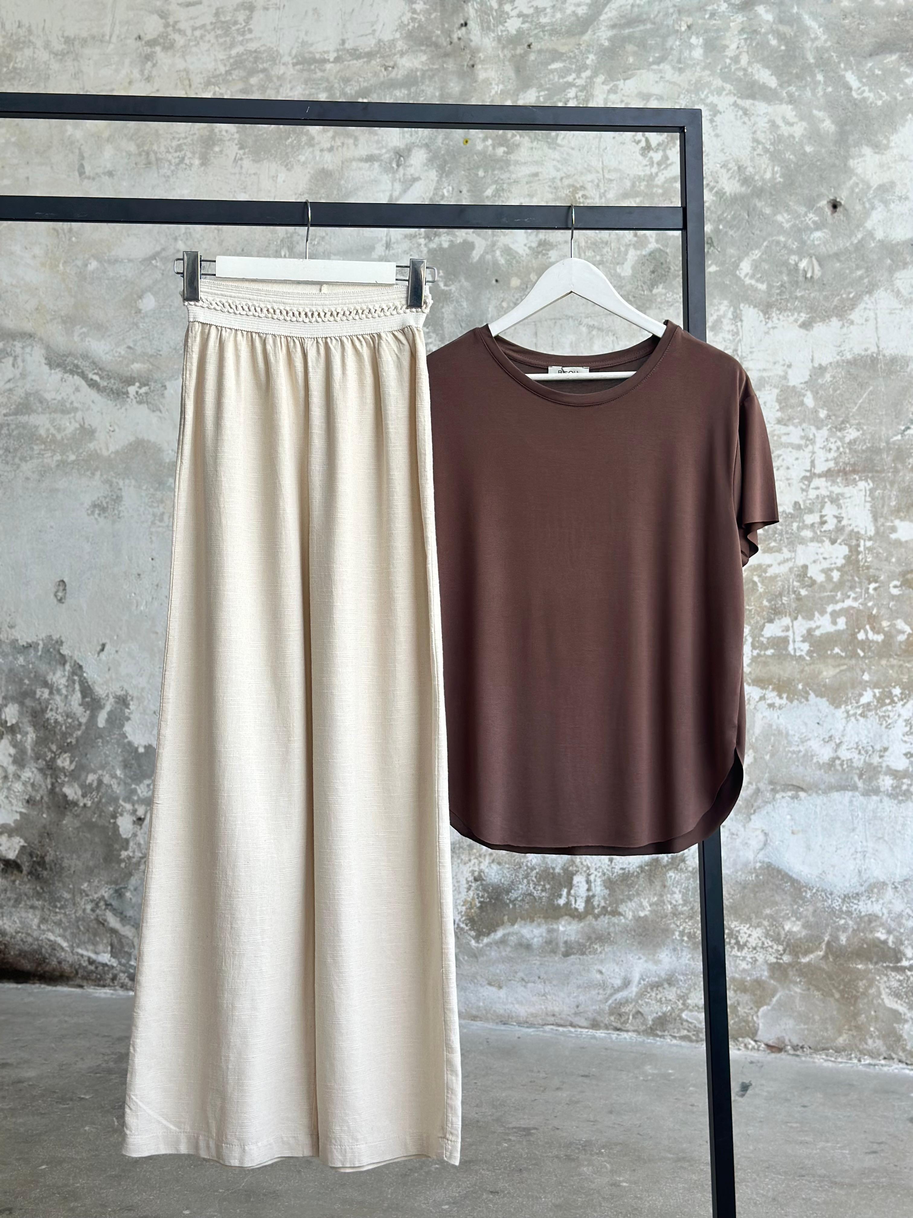 Bel Lastik Nakış Detaylı Organik Pantolon (Natural)