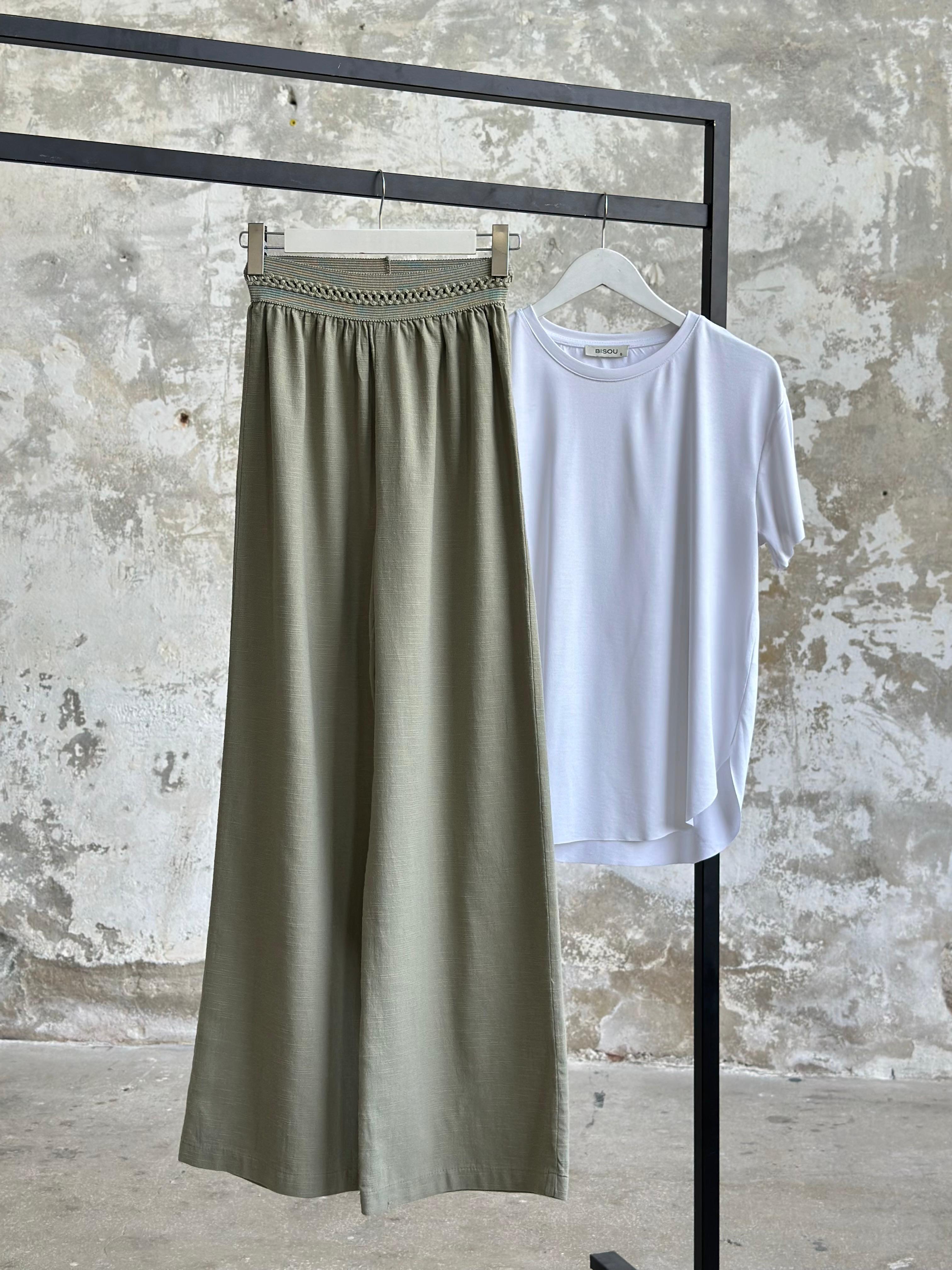 Bel Lastik Nakış Detaylı Organik Pantolon (Haki)