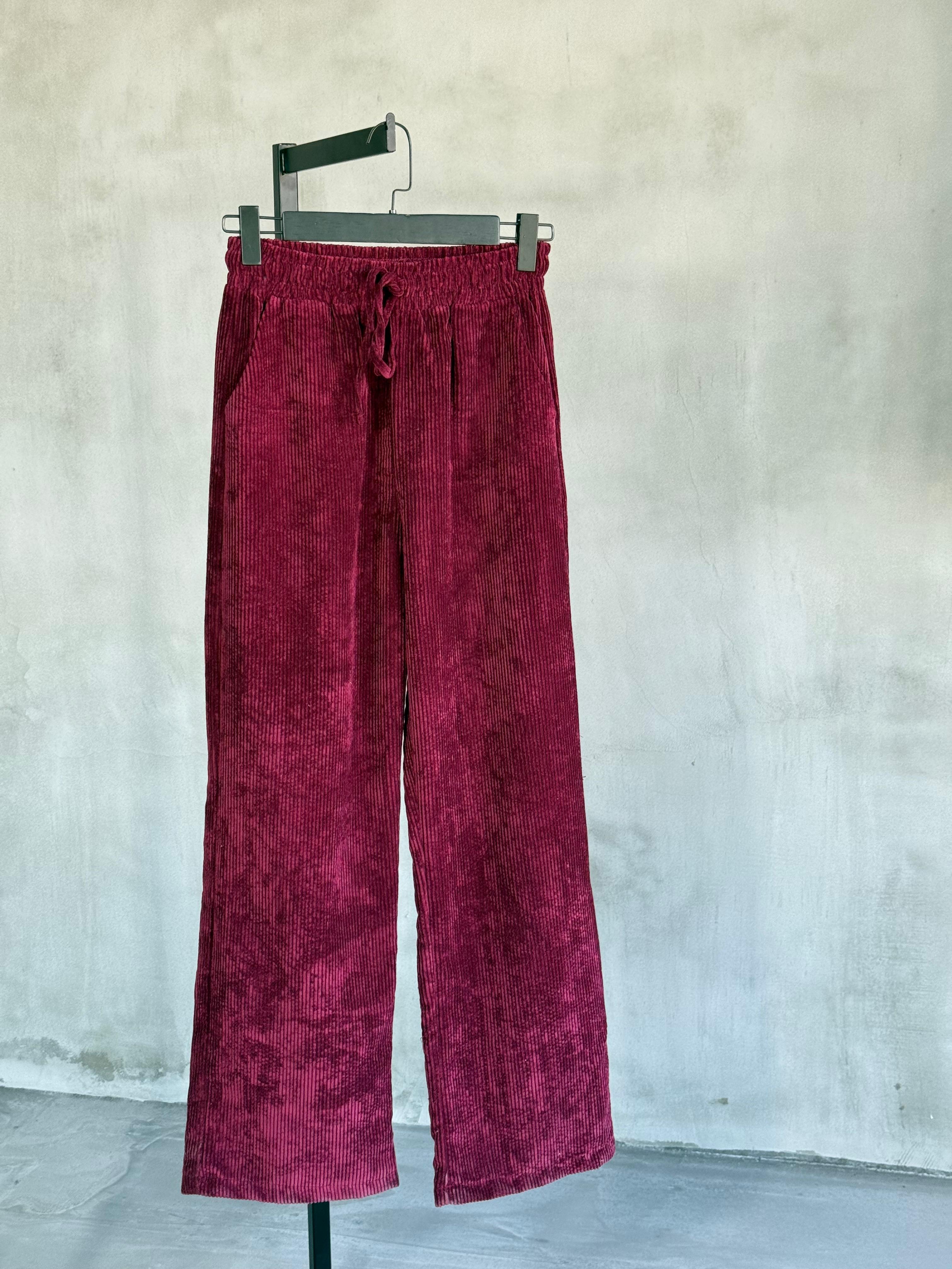 Bel Lastikli Yansımalı Kadife Pantolon (Bordo)