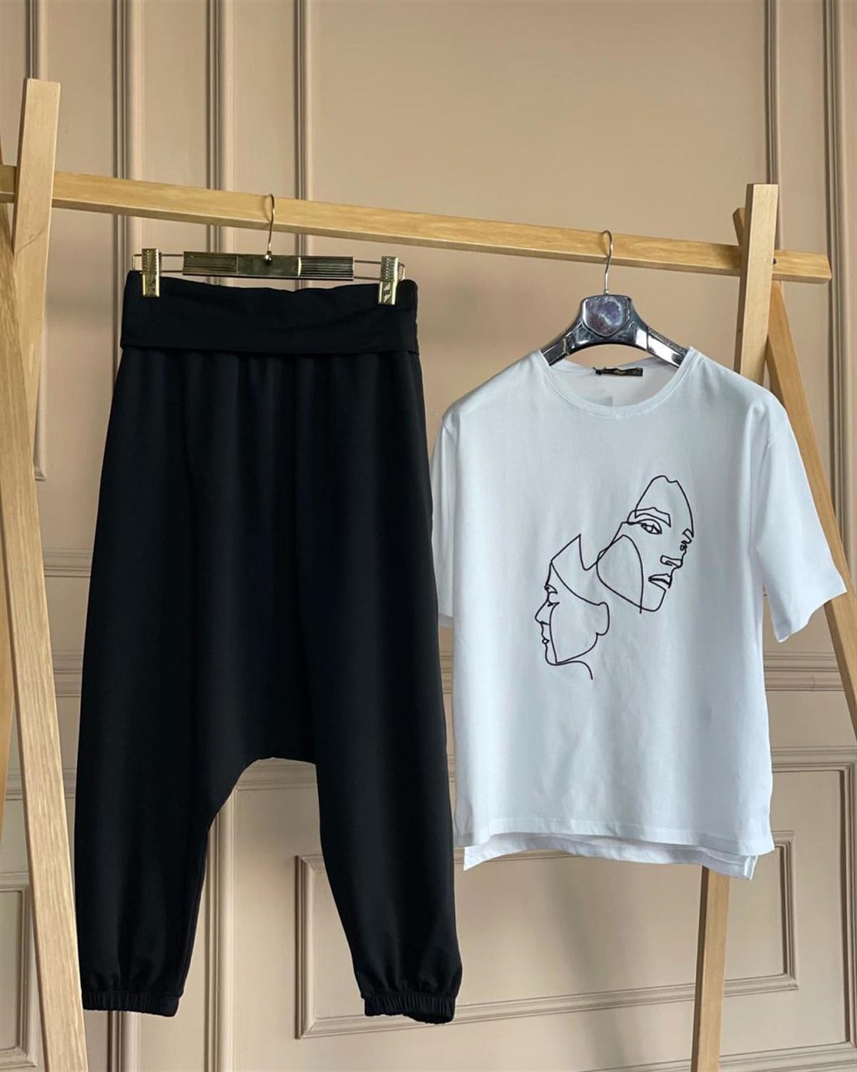 Beli Katlamalı İkiiplik Penye Kumaş Şalvar Pantolon