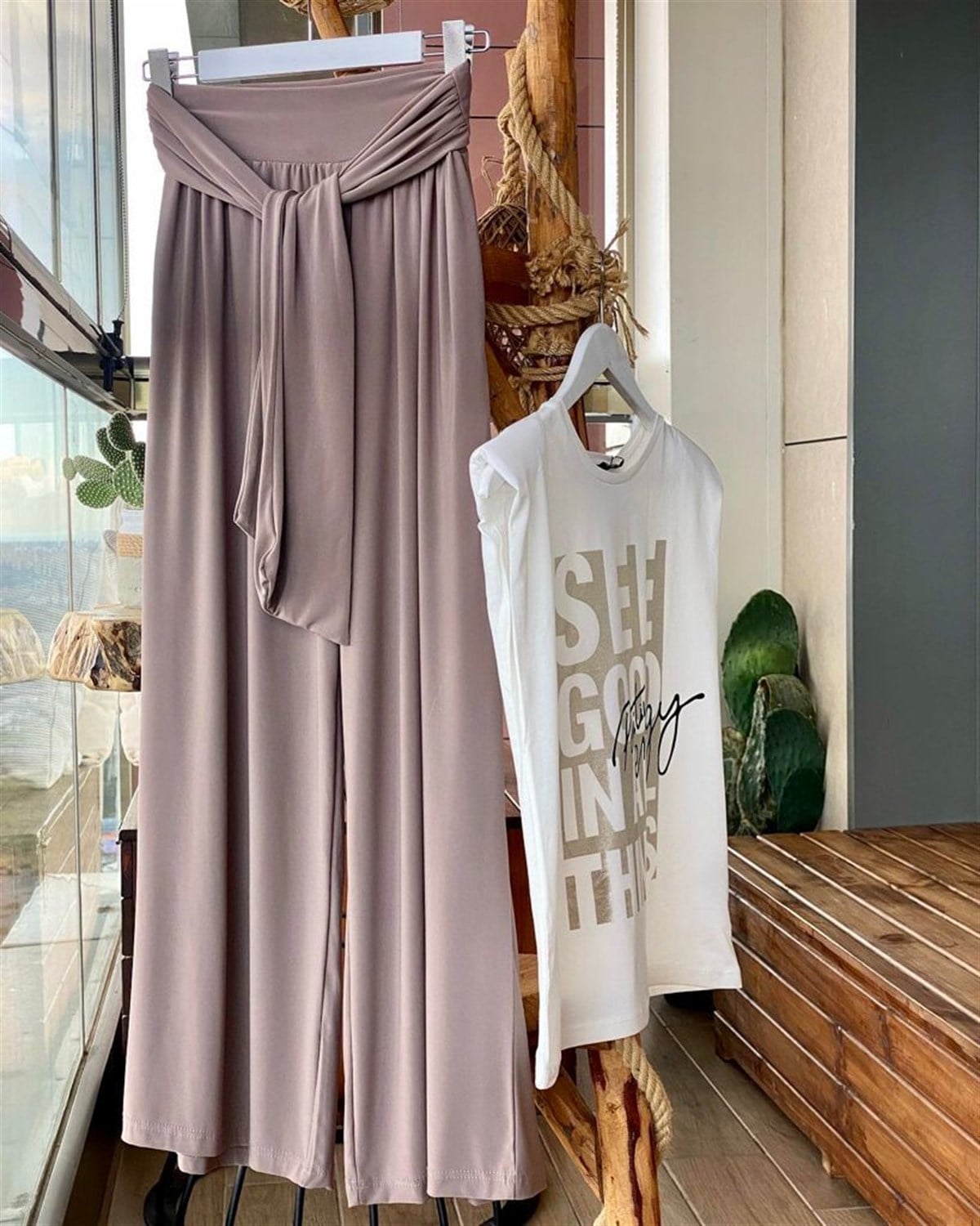 Beli Kuşaklı Etek Pantolon (Vizon)
