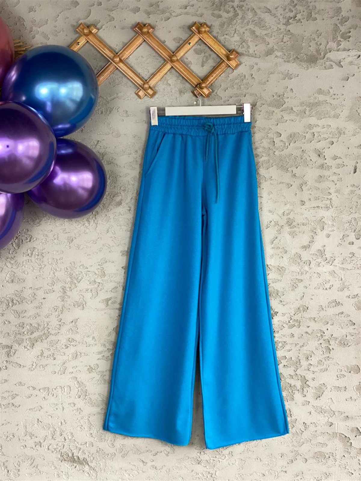 Beli Lastikli Bol Paça Pantolon (Saks Mavi)