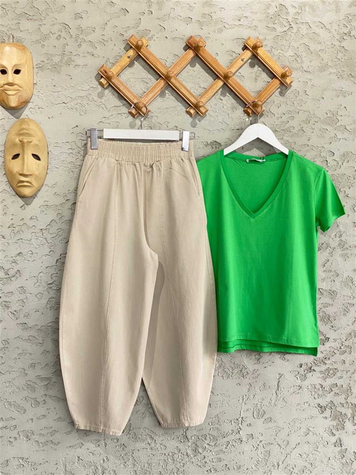 Beli Lastikli Keten Şalvar Pantolon (Taş)