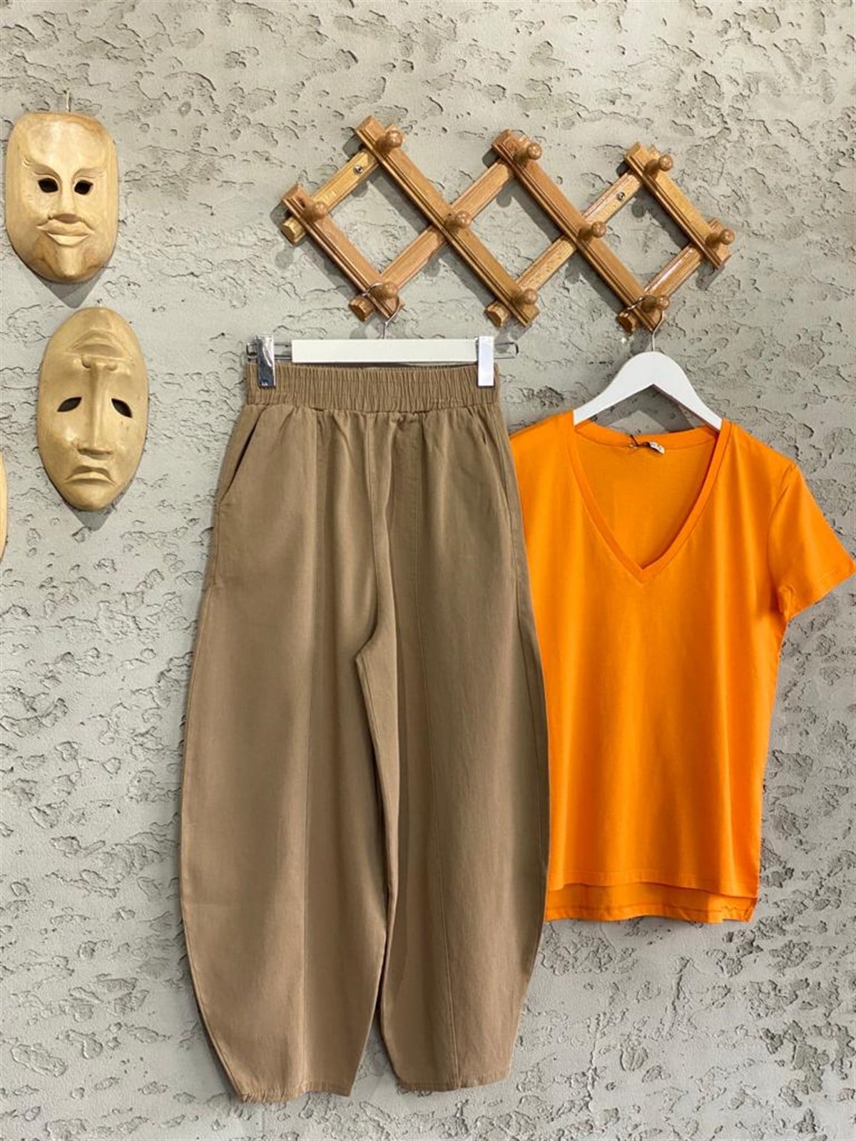 Beli Lastikli Keten Şalvar Pantolon (Vizon)