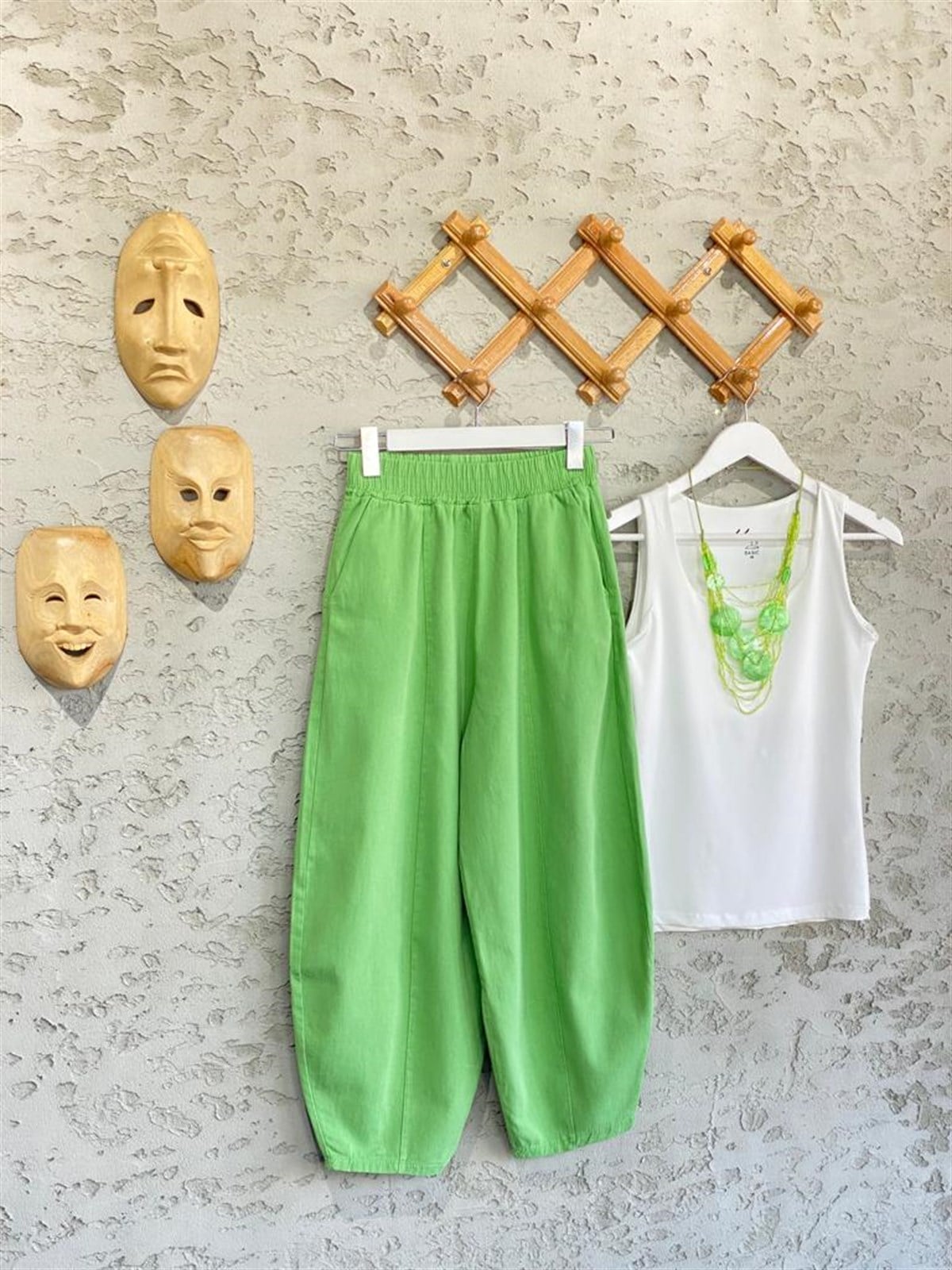 Beli Lastikli Keten Şalvar Pantolon (Yeşil)