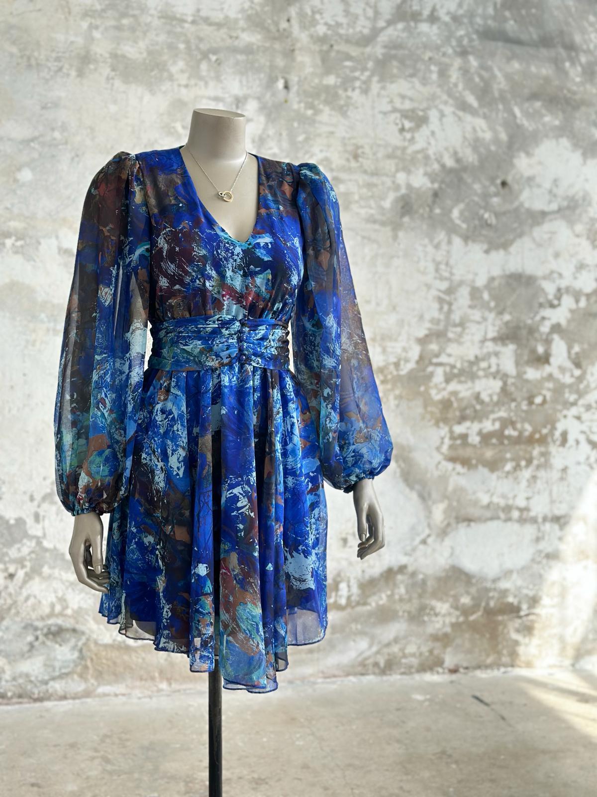 Beli Lastikli Kuşaklı Sulu Boya Elbise (Saks)