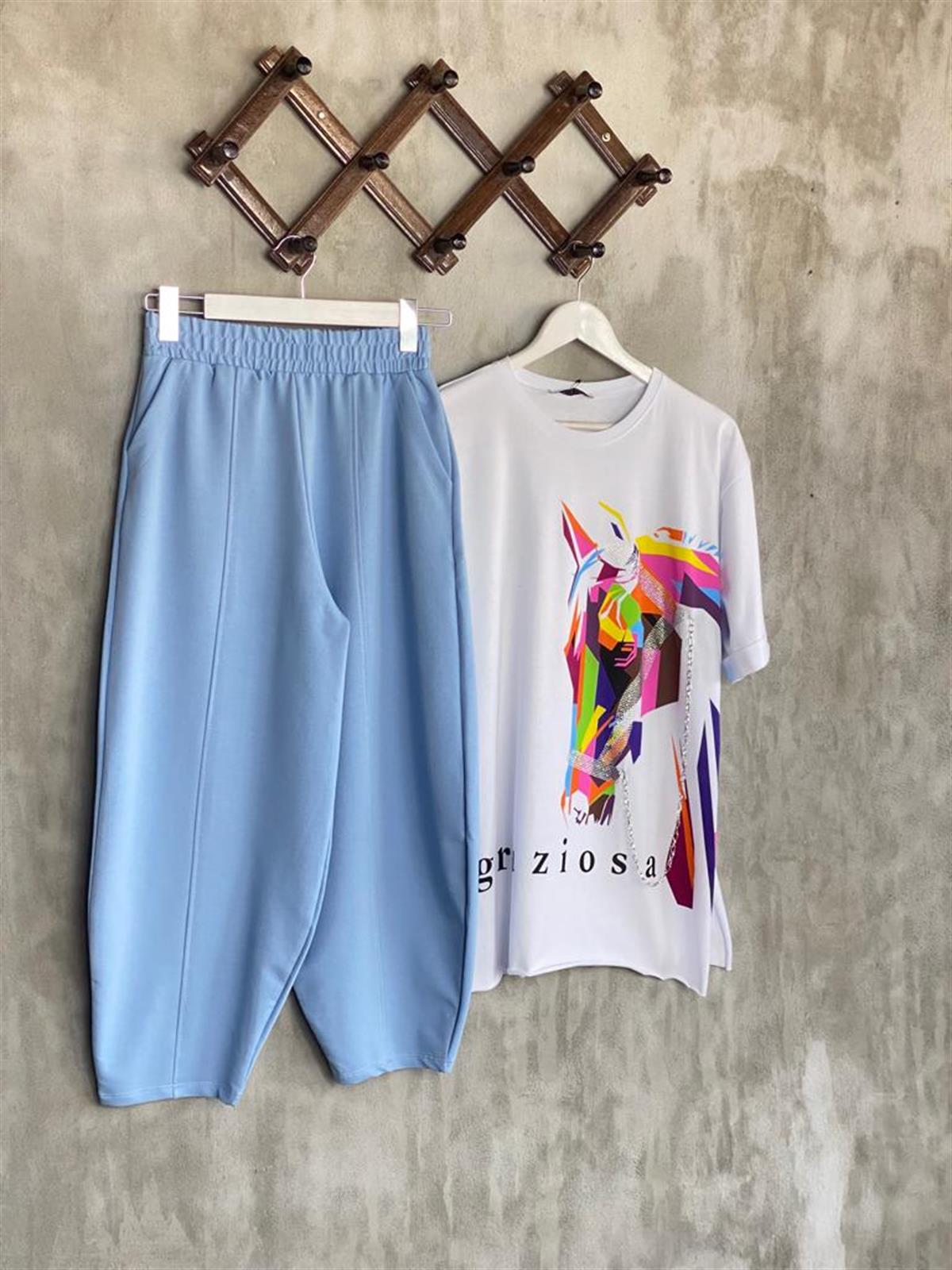 Beli Lastikli Önden Çımalı Şalvar Pantolon (Açık Mavi)