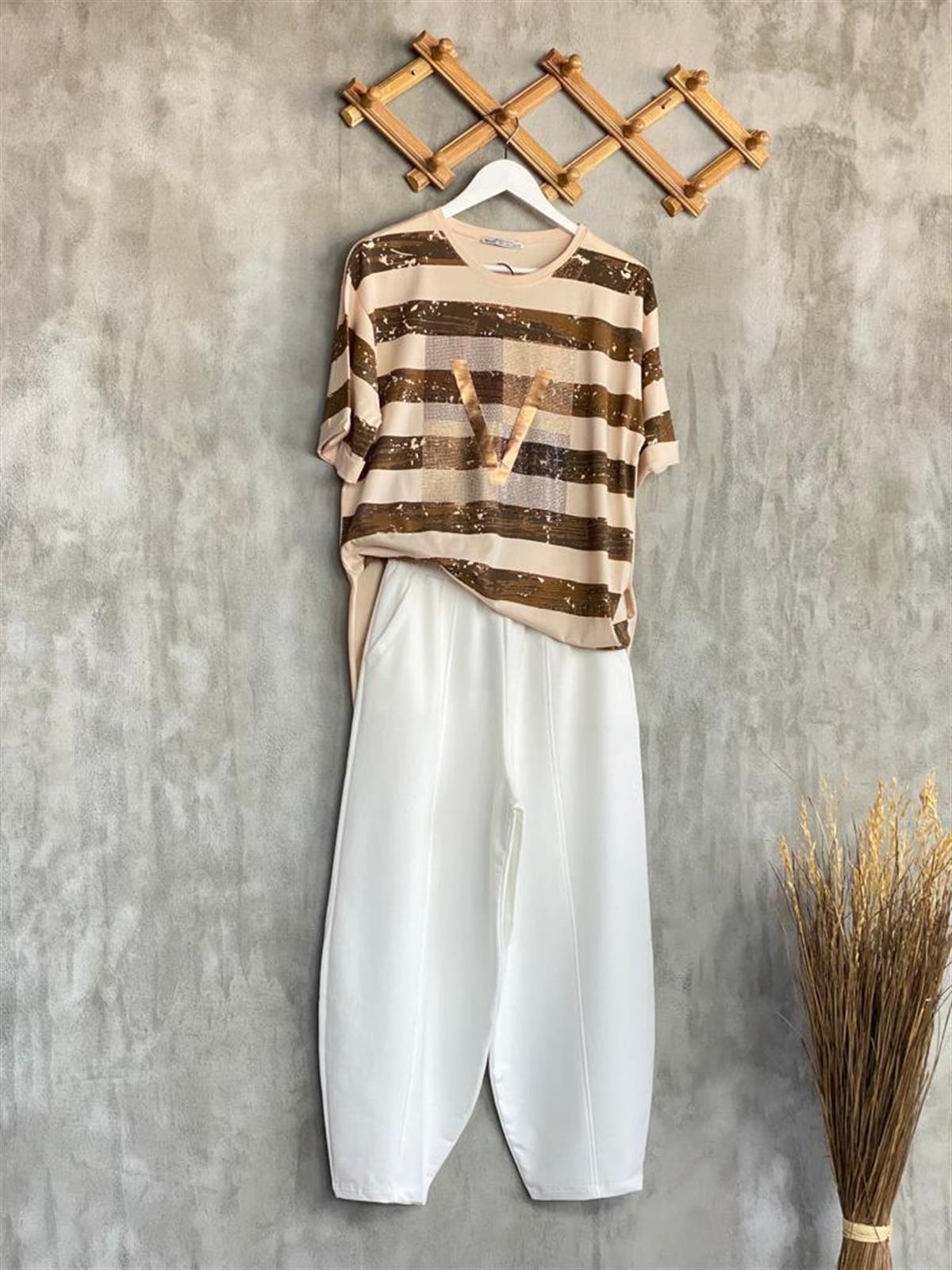 Beli Lastikli Önden Çımalı Şalvar Pantolon (Beyaz)
