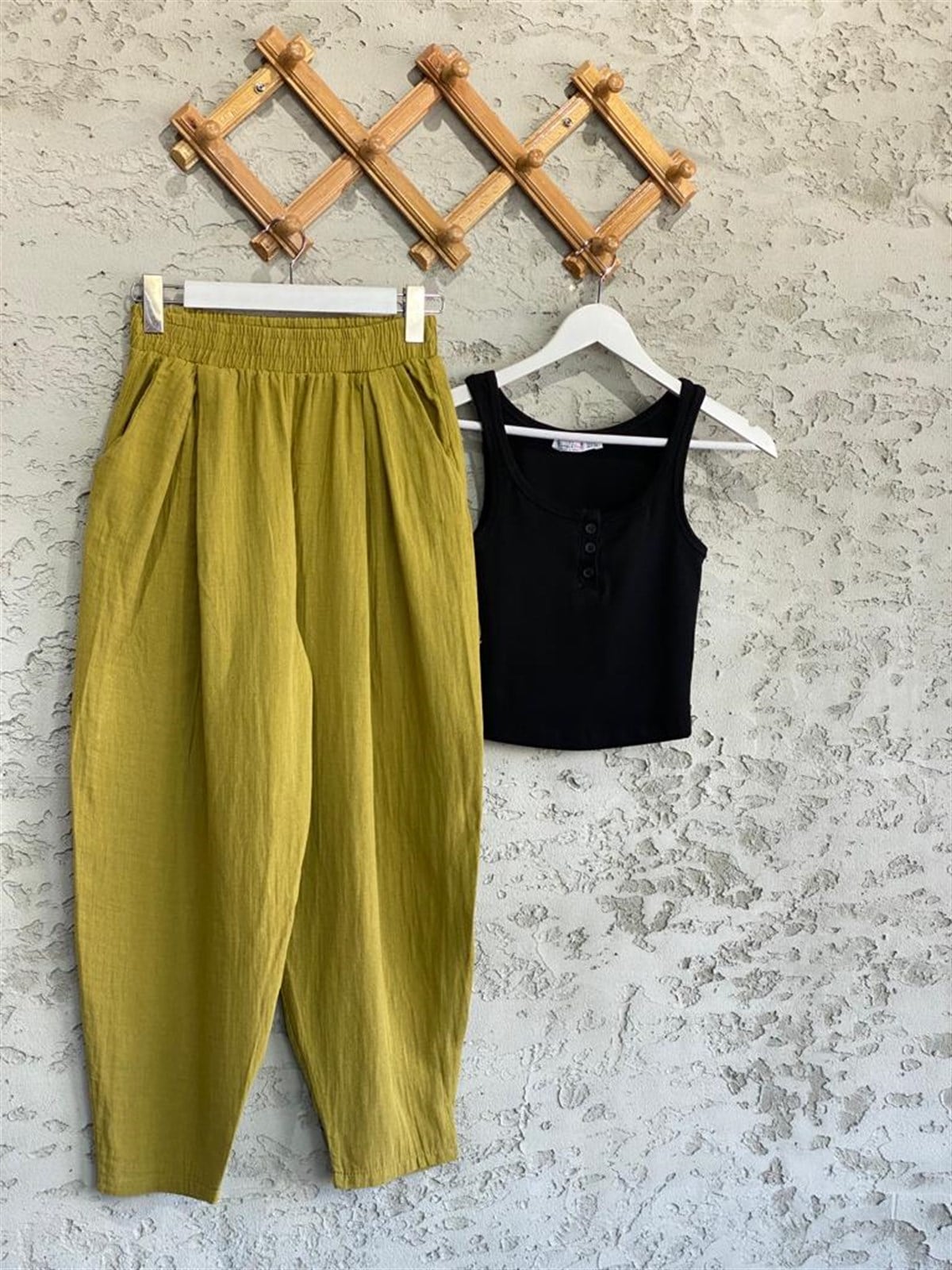 Beli Piliseli Müslin Pantolon (Yağ Yeşili)